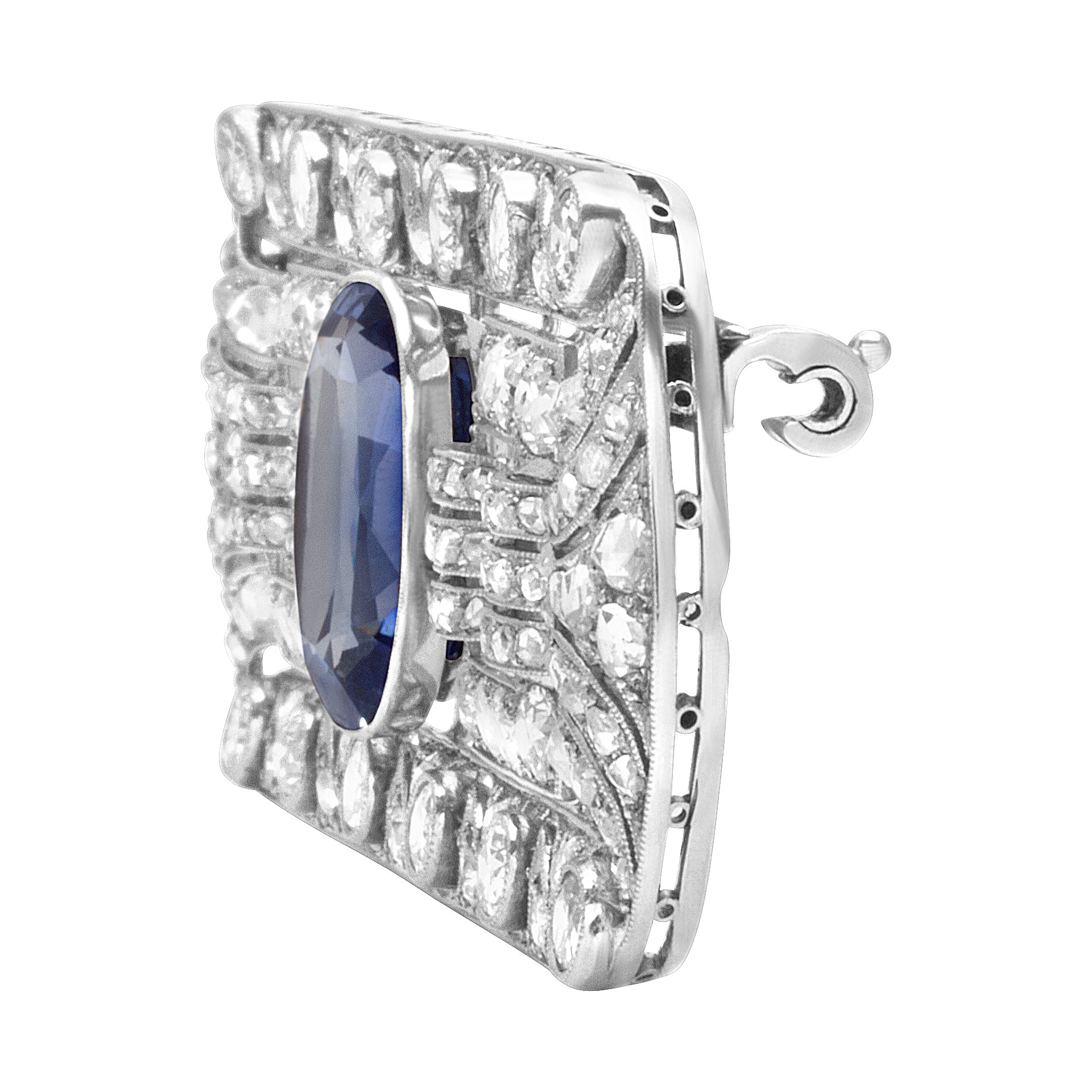 Art Deco diamond & blue sapphire platinum pin/broach 4.50cts in diamonds image 3