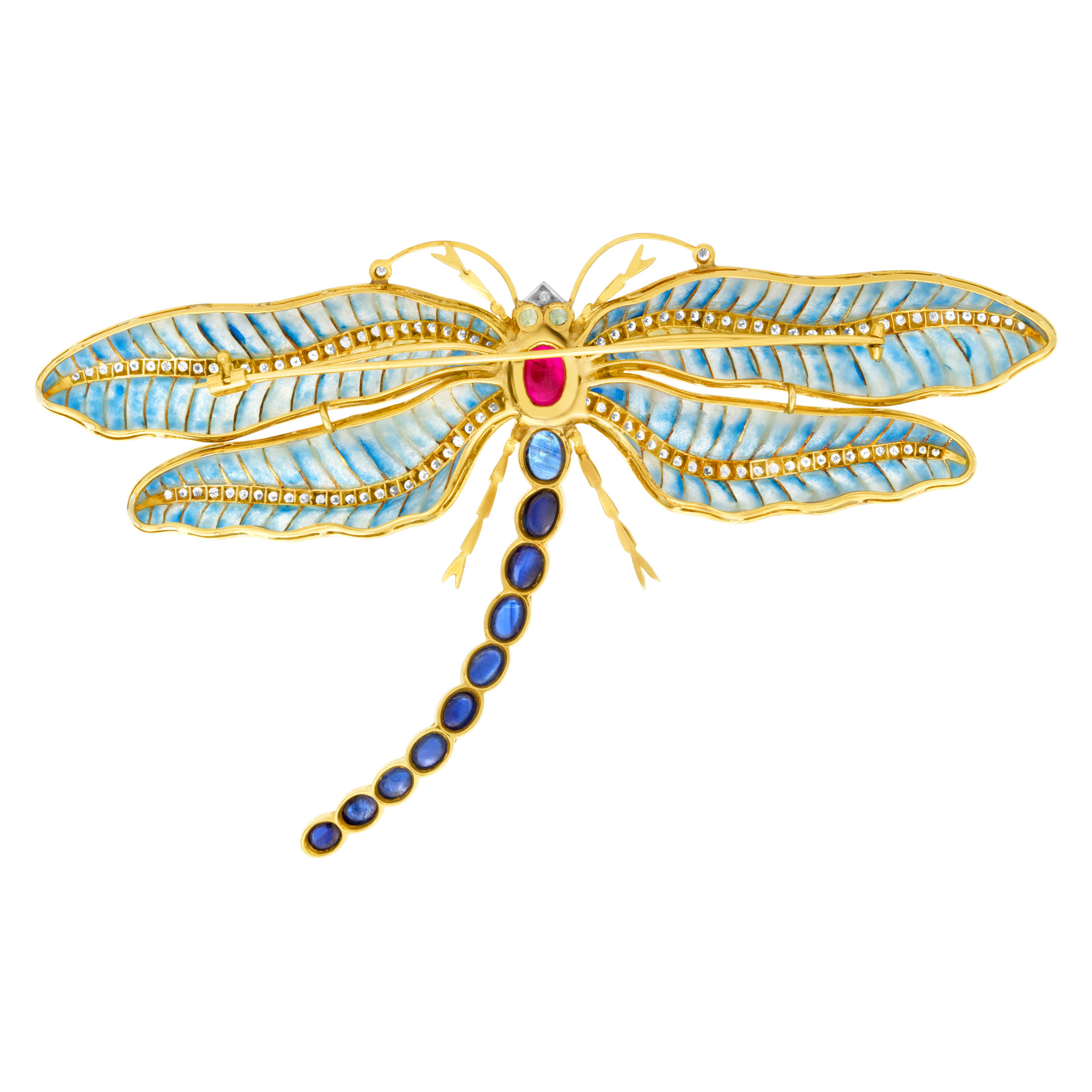 Dragonfly in 18k with 2.25 cts in diamonds, 1.50 ct in cabochon ruby, enamel and sapphires image 2