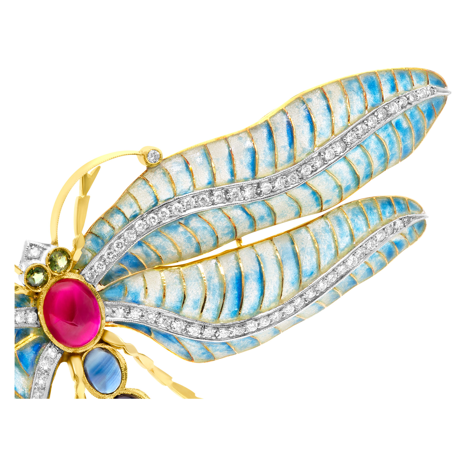 Dragonfly in 18k with 2.25 cts in diamonds, 1.50 ct in cabochon ruby, enamel and sapphires image 3