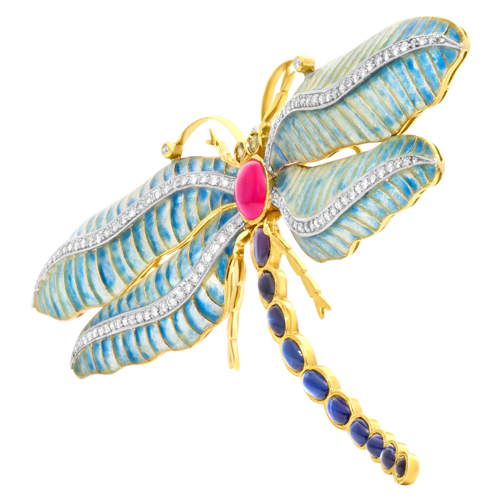 Dragonfly in 18k with 2.25 cts in diamonds, 1.50 ct in cabochon ruby, enamel and sapphires image 4