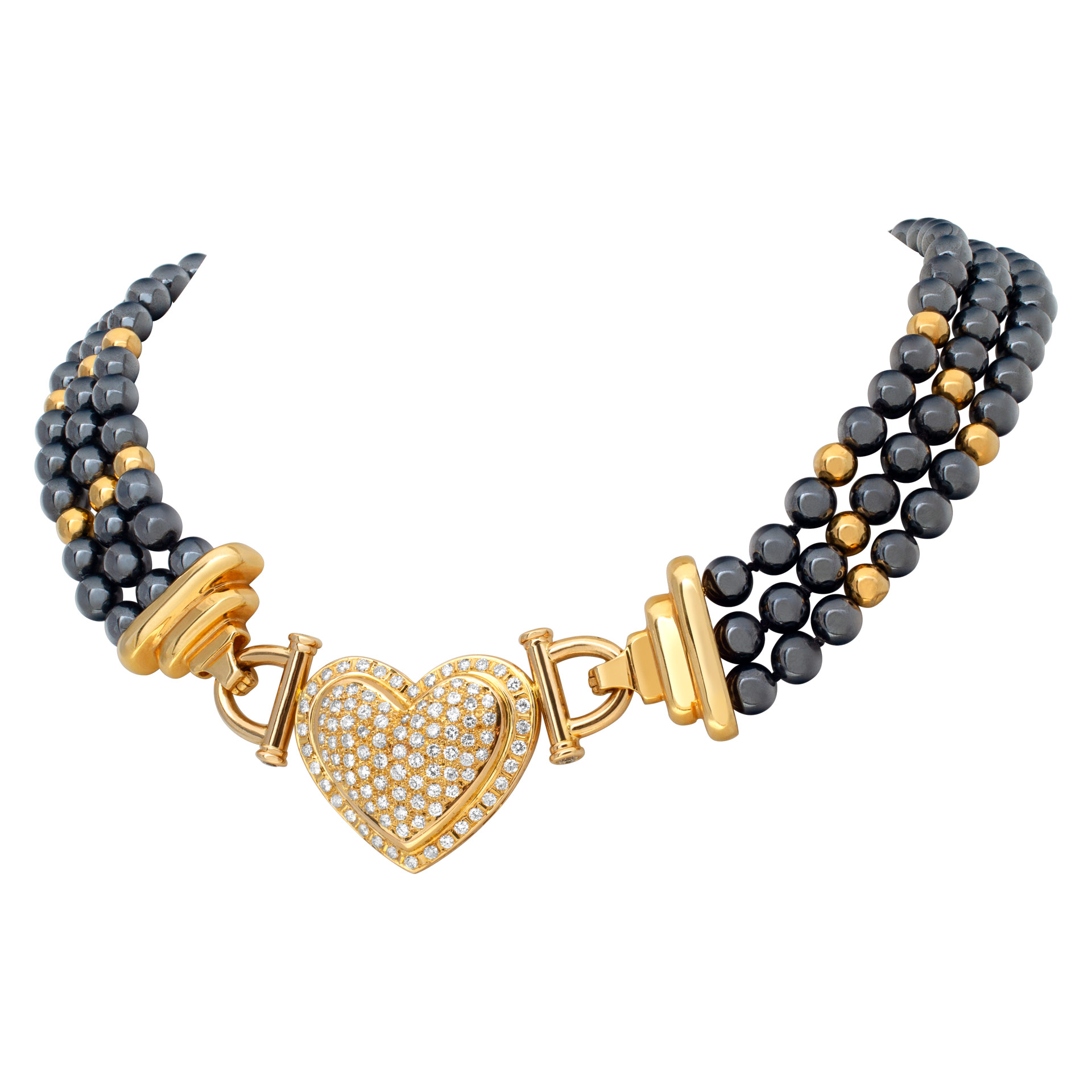 Three rows of metal grey Hematite & 14Kt beads necklace with large pave diamond heart. Diamonds approx. weight: 3.50 carats) image 2