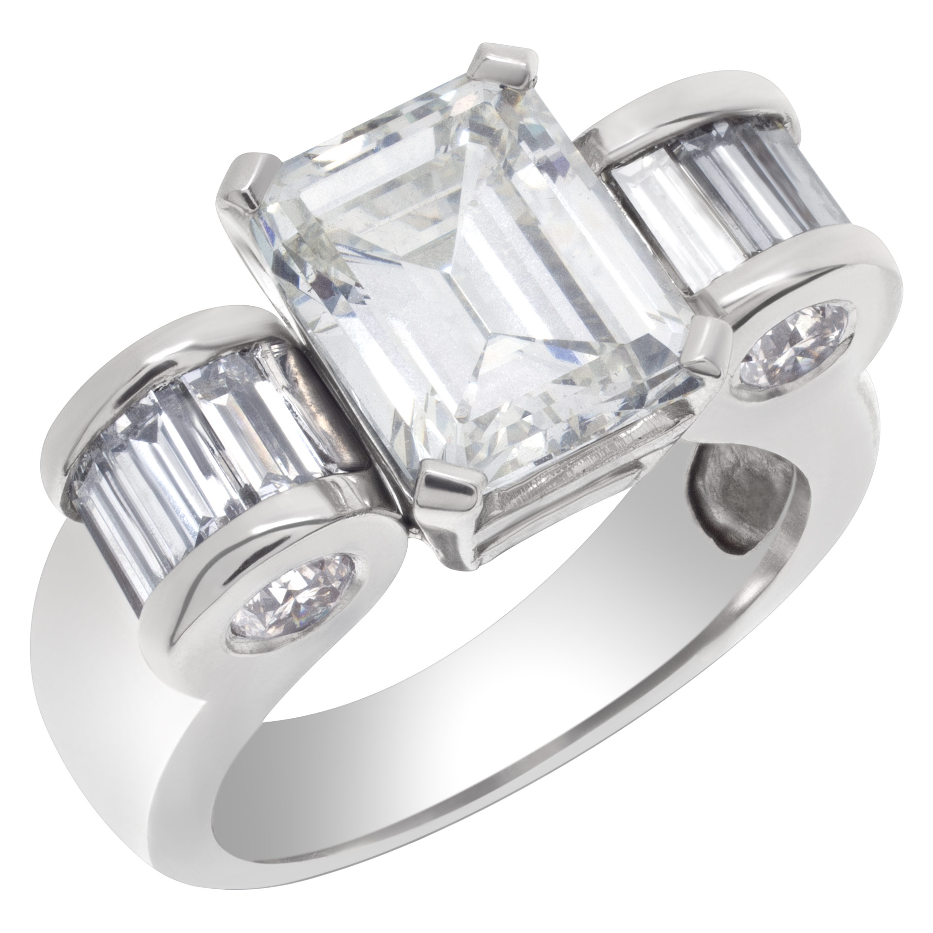 GIA certified Emerald cut 2.33 carat diamond (J color, VVS2 clarity) ring in platinum with 2 tapered image 2