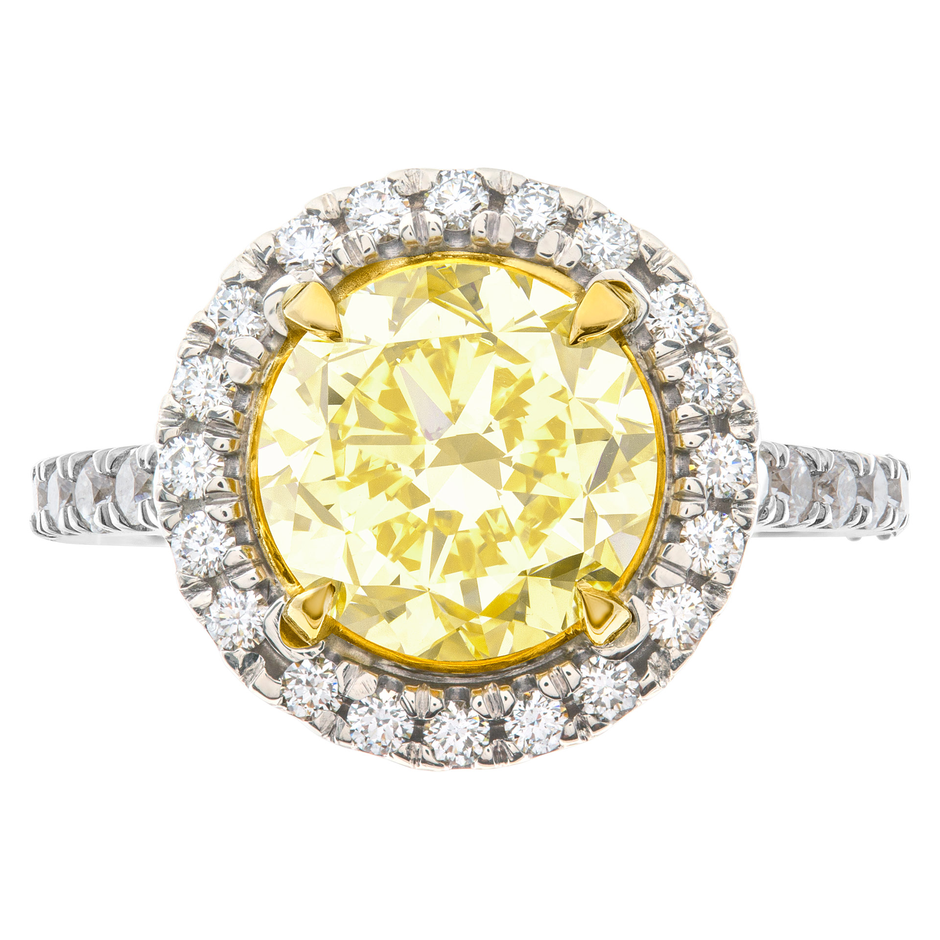 GIA certified round brilliant cut 3.13 carat (Natural, Fancy Intense Yellow, Even color, VVS1 clarity, Excellent symmetry) ring image 1