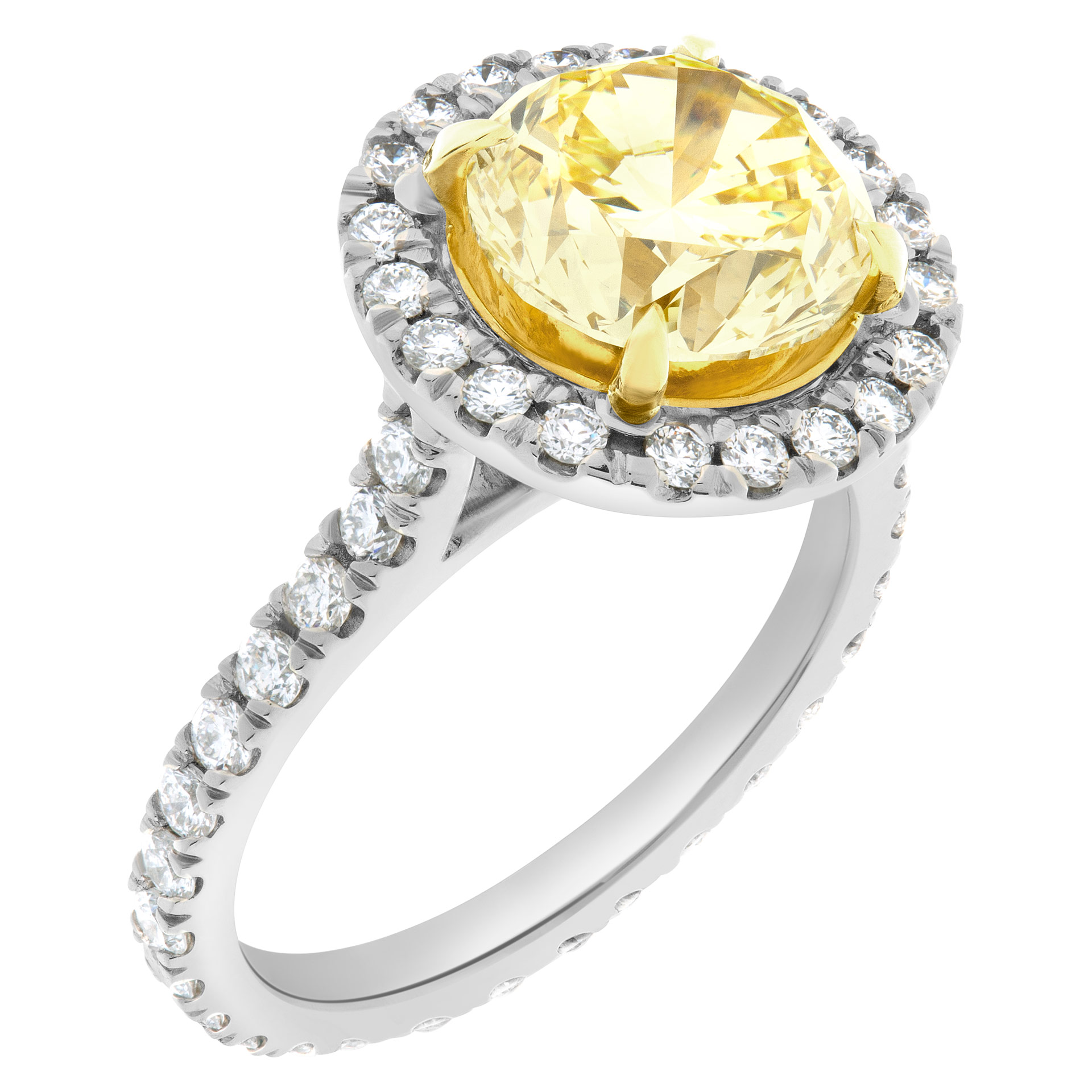 GIA certified round brilliant cut 3.13 carat (Natural, Fancy Intense Yellow, Even color, VVS1 clarity, Excellent symmetry) ring image 2