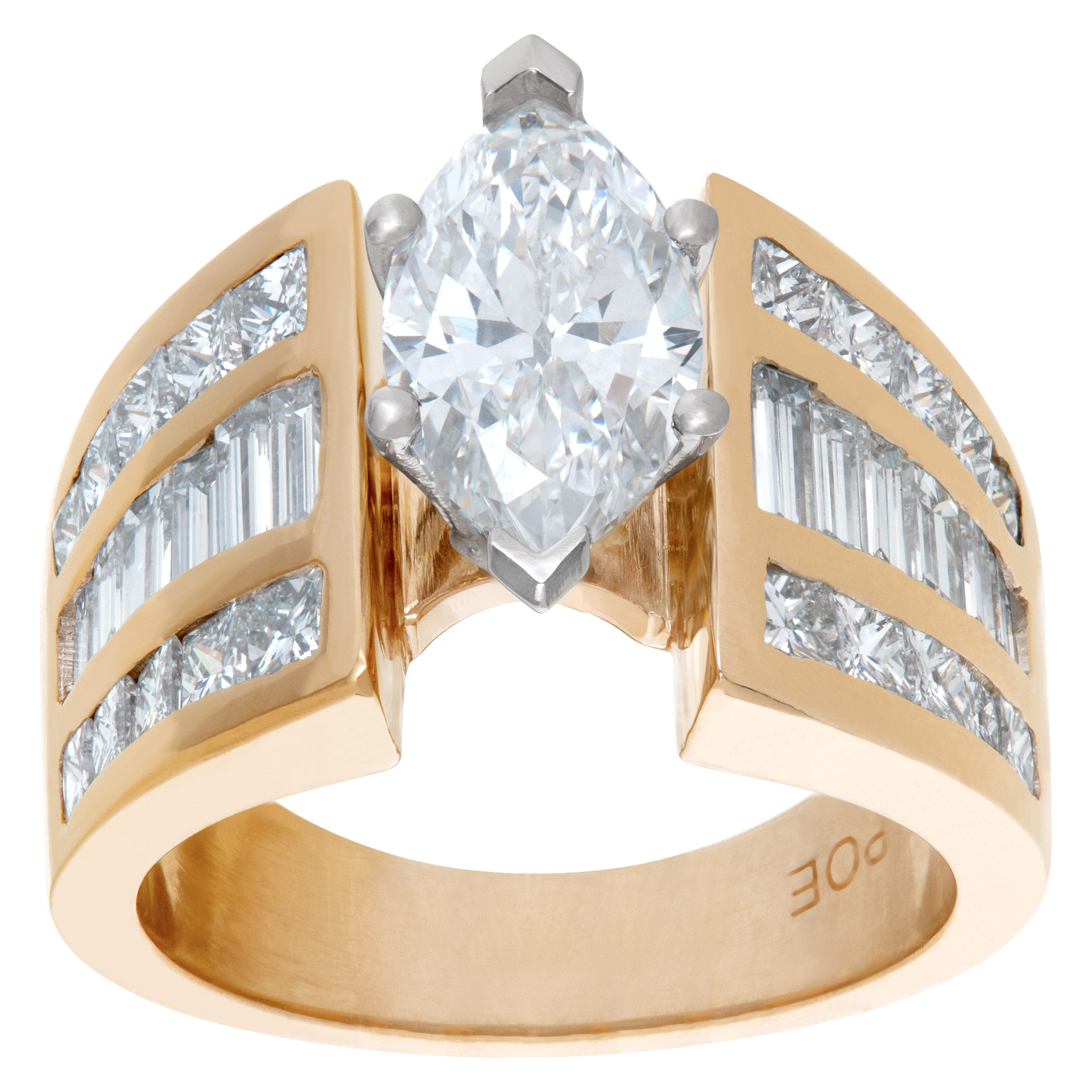 Marquise diamond 1.52 carats F Color, SI2 clarity in a 14k yellow gold and platinum setting with approx. 2 carats in side diamonds image 4