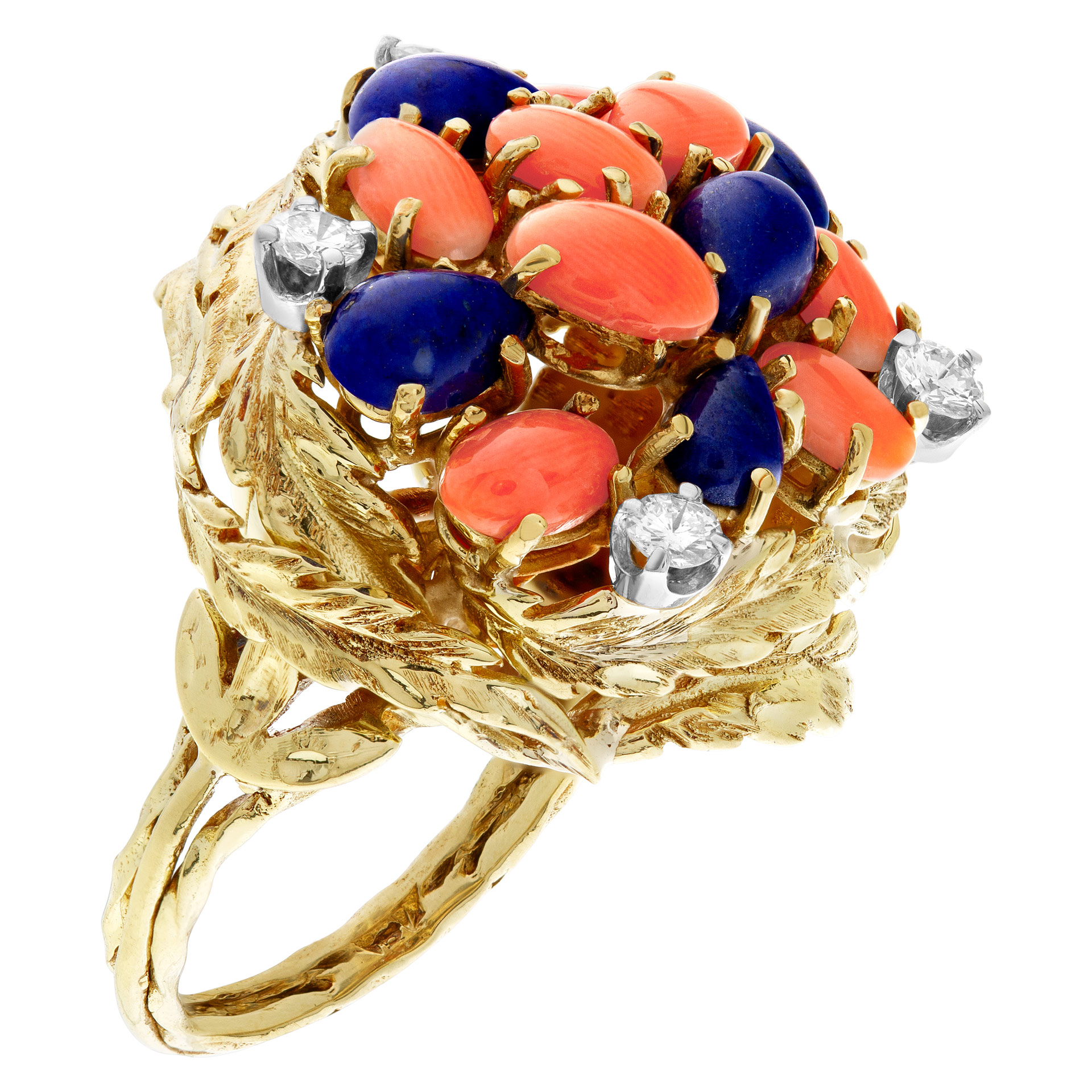 Lapiz lazuli & coral garden ring in 18k yellow gold with diamond accents image 2