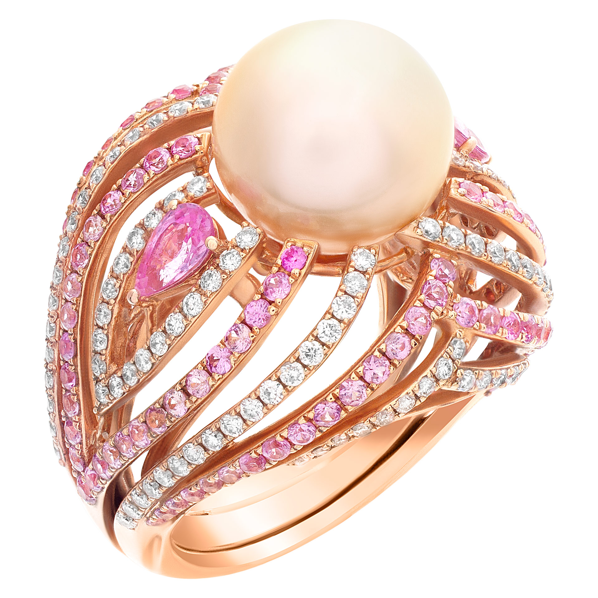 Bold and beautiful ESME cocktail ring with a center fresh water golden pearl of 11.5mm with pink sapphire accents of 1.78 carats and round cut G-H. SI1-SI2 diamond accents. image 2
