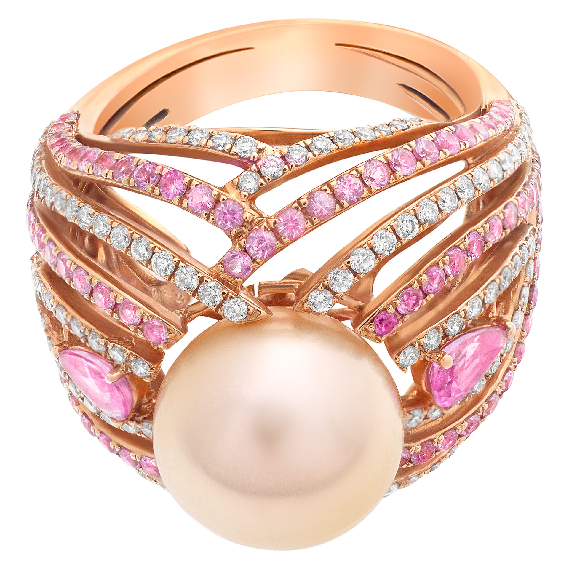Bold and beautiful ESME cocktail ring with a center fresh water golden pearl of 11.5mm with pink sapphire accents of 1.78 carats and round cut G-H. SI1-SI2 diamond accents. image 3