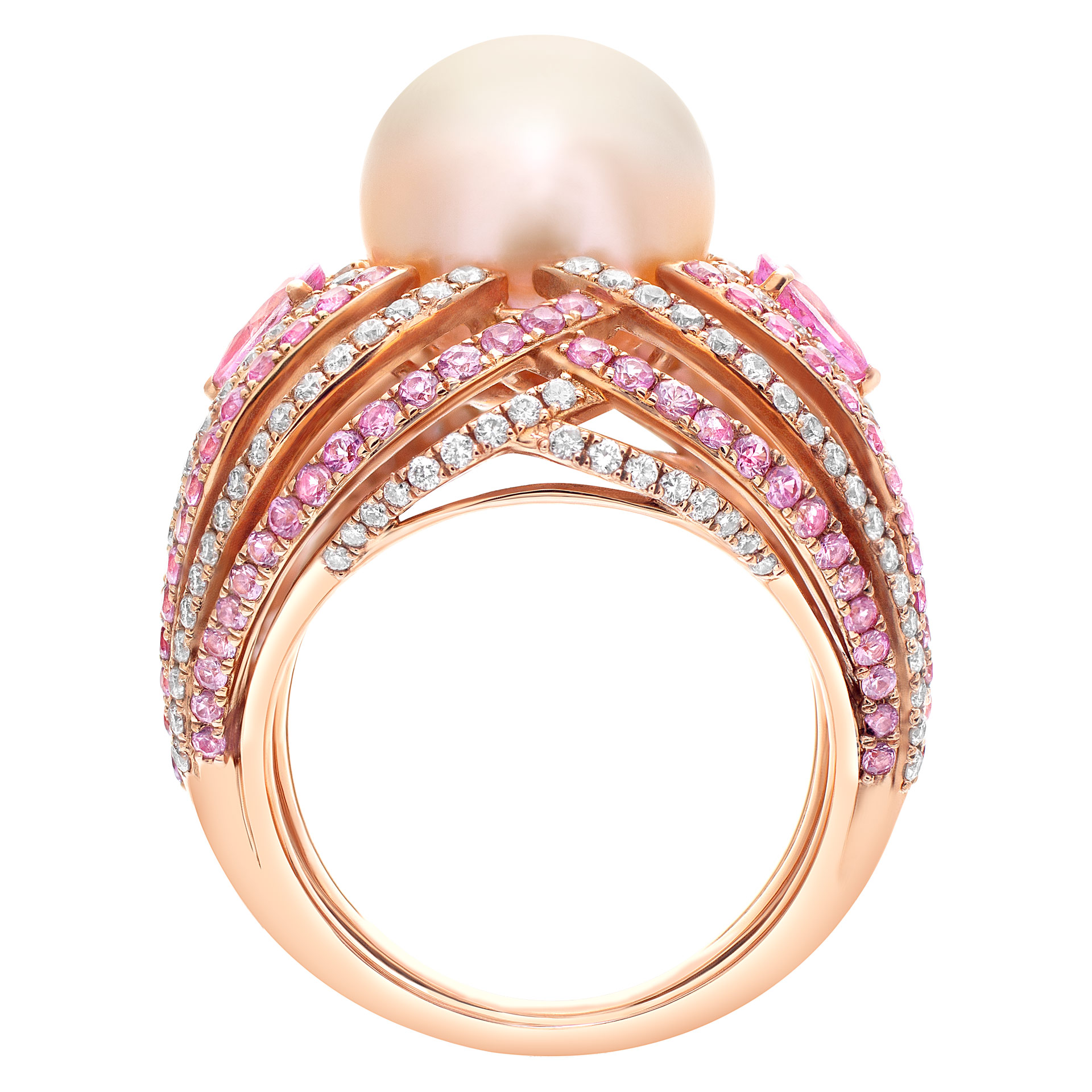 Bold and beautiful ESME cocktail ring with a center fresh water golden pearl of 11.5mm with pink sapphire accents of 1.78 carats and round cut G-H. SI1-SI2 diamond accents. image 4