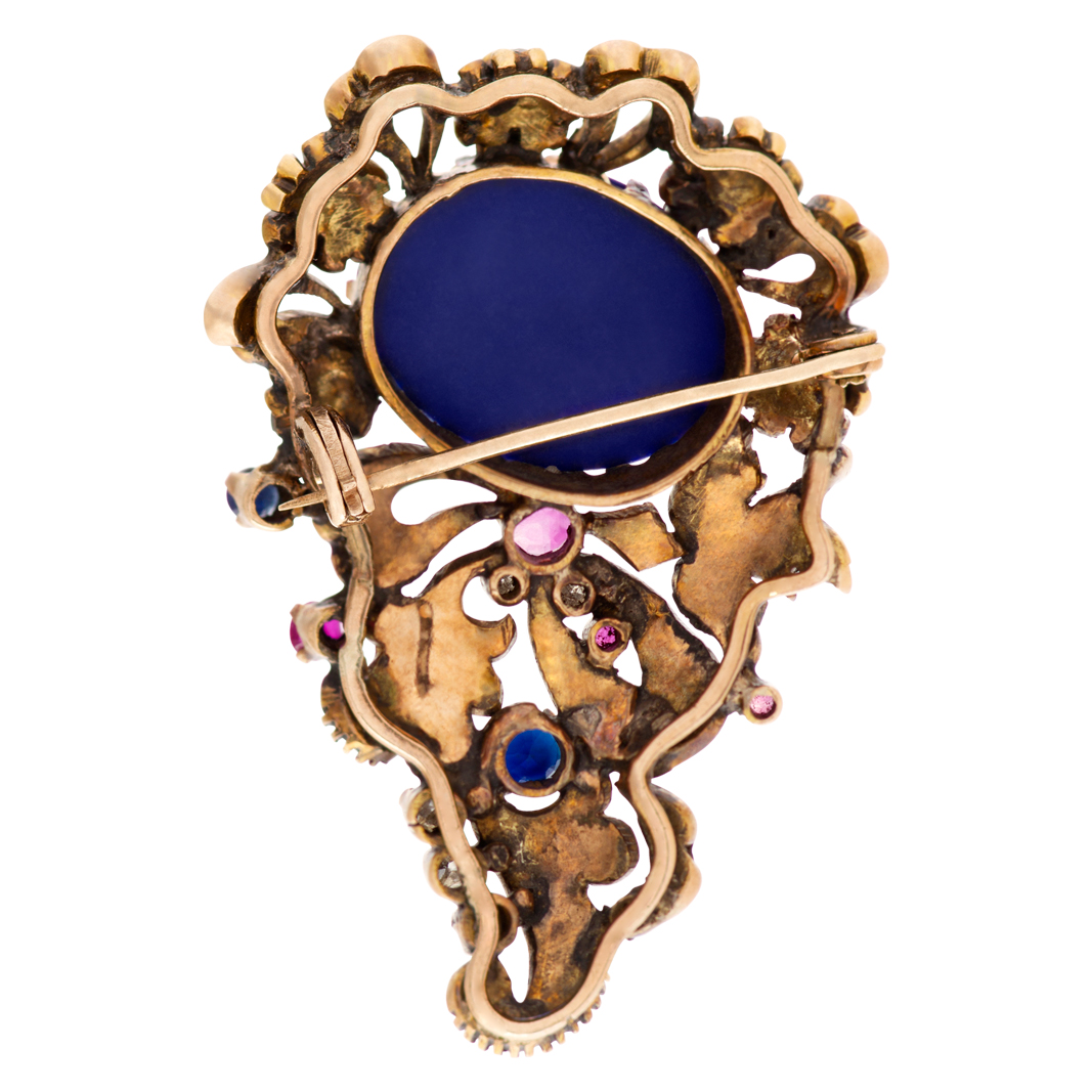 Antique Brooch with Cabochon lapis lazuli center and rose & cushion cut diamond set in 14K gold image 3