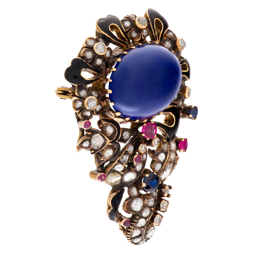 Antique Brooch with Cabochon lapis lazuli center and rose & cushion cut diamond set in 14K gold image 4