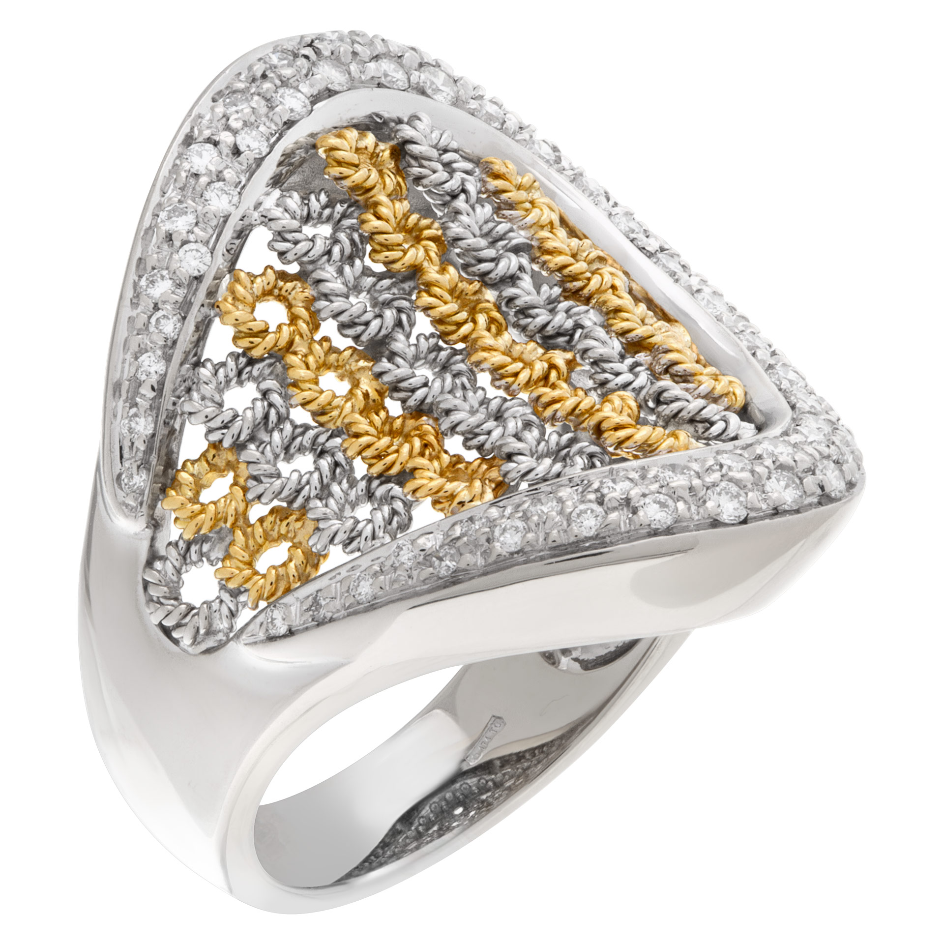Basket weave with surrounding pave diamonds in 18k white and yellow gold image 2