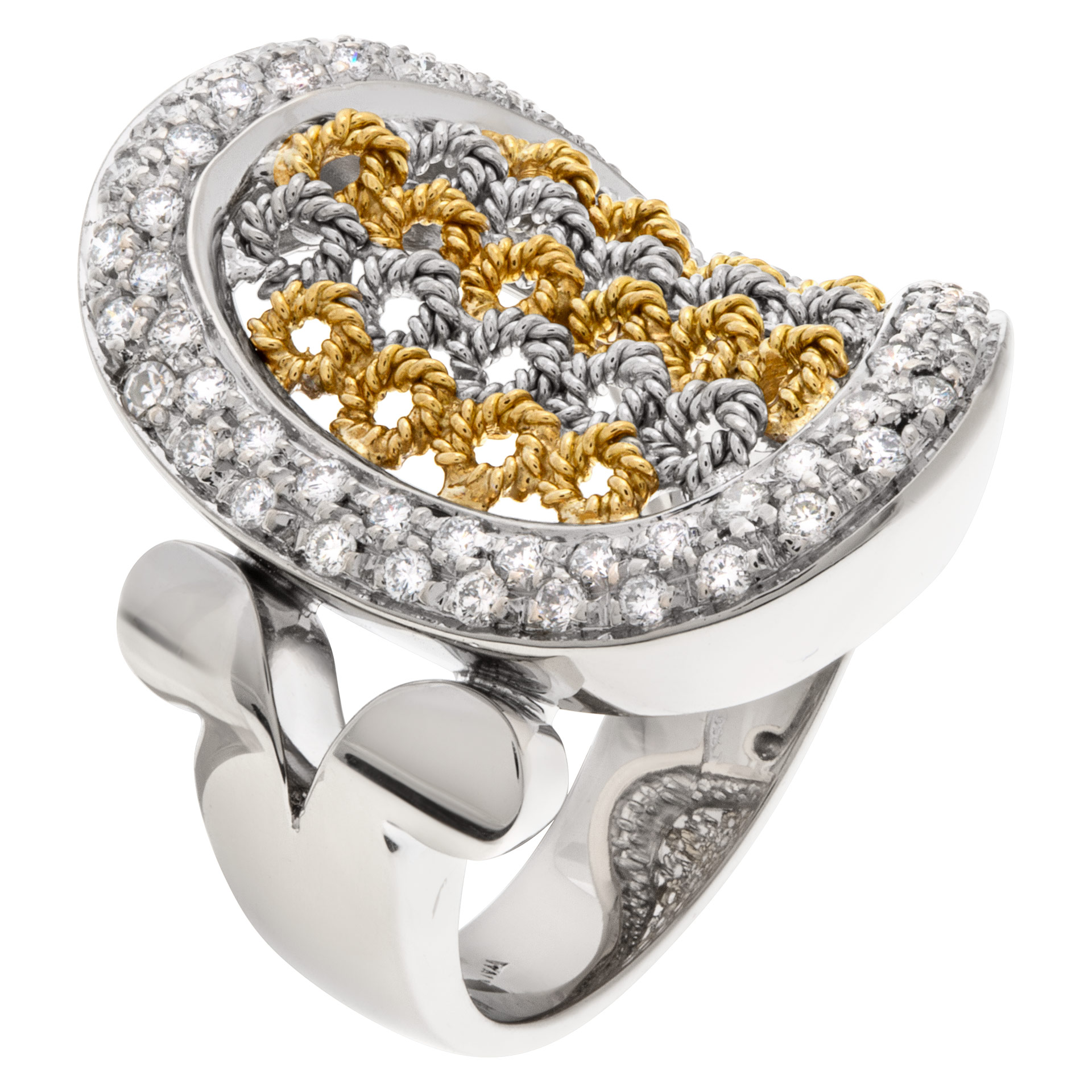 Basket weave with surrounding pave diamonds in 18k white and yellow gold image 3