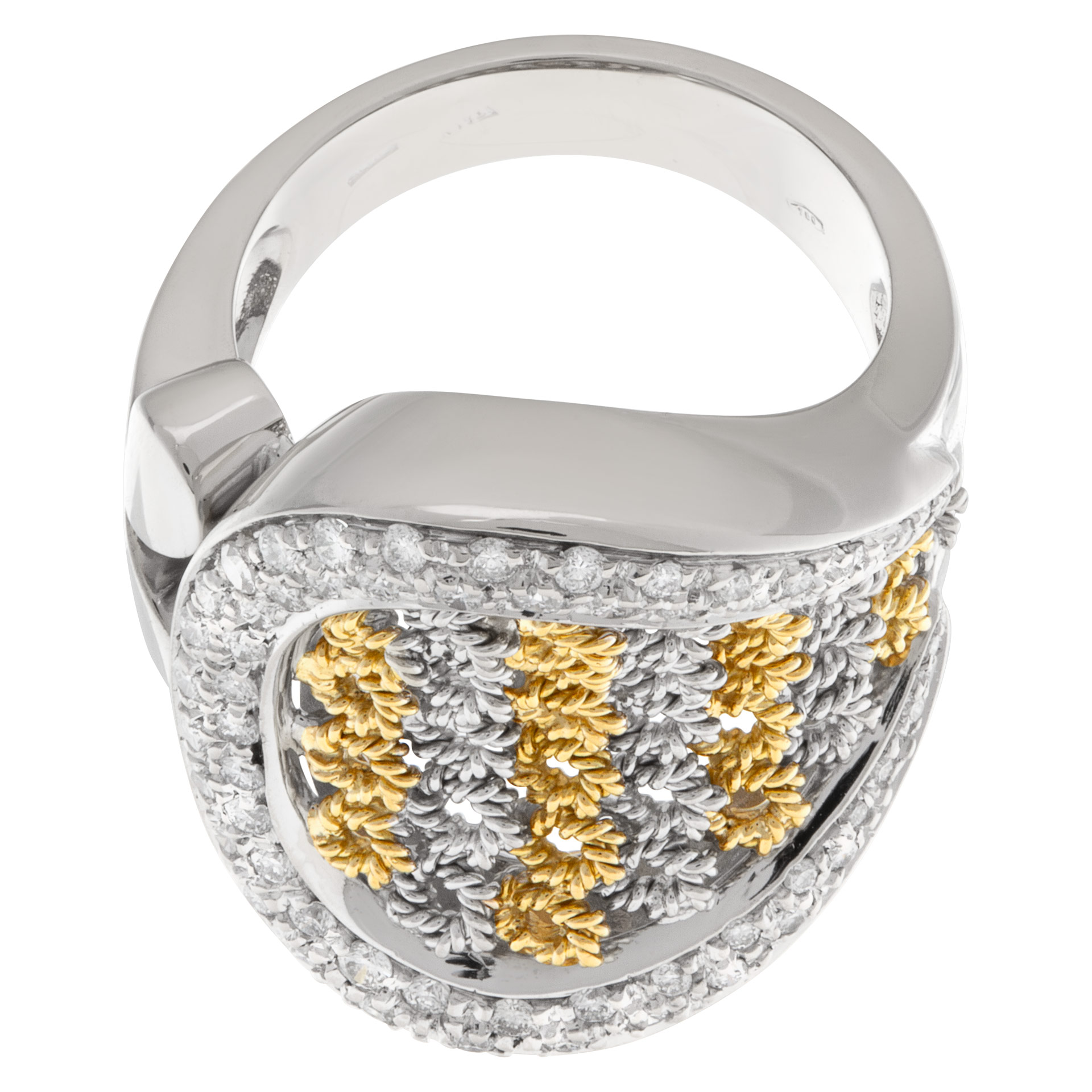 Basket weave with surrounding pave diamonds in 18k white and yellow gold image 4