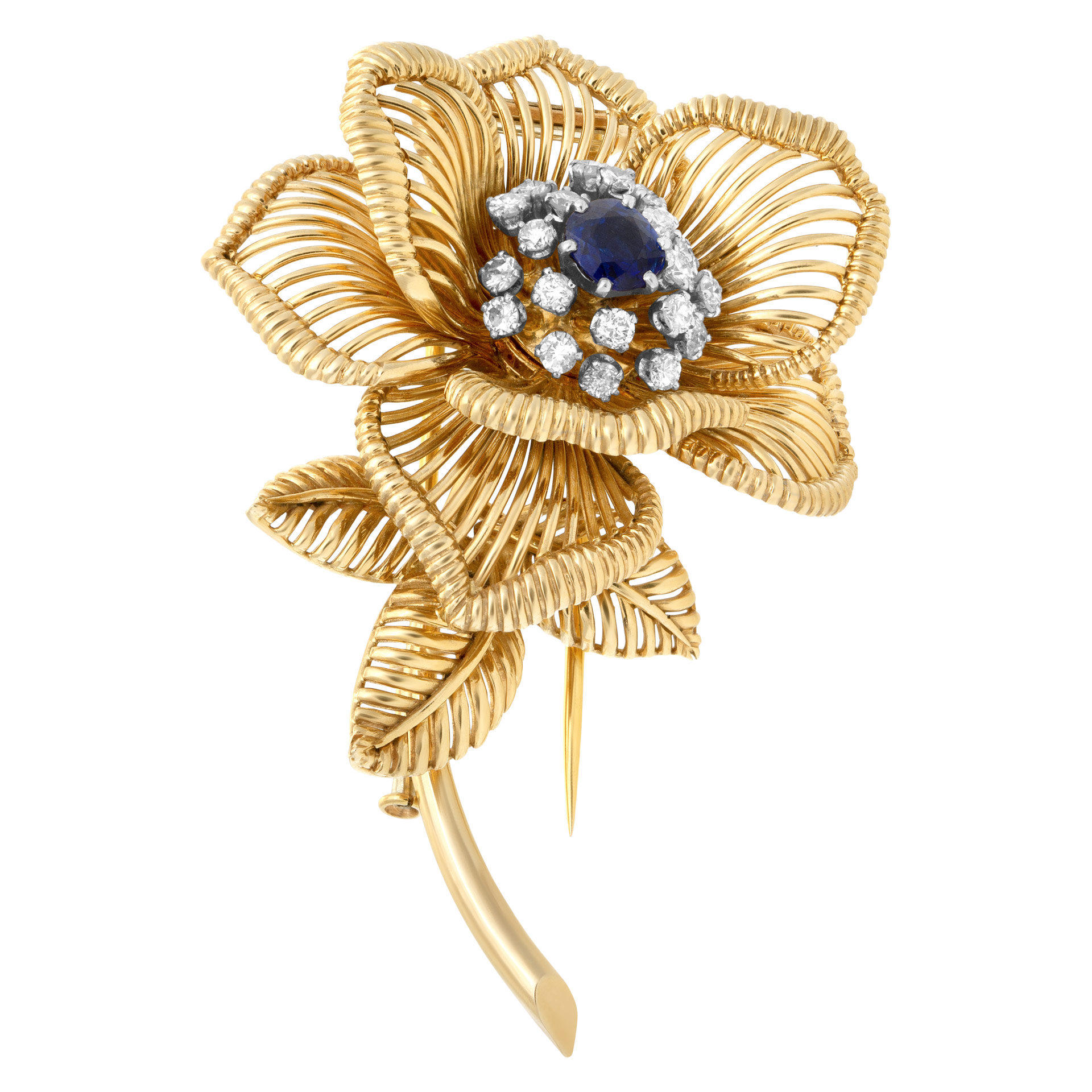 Sapphire & diamonds flower brooch in 18k yellow gold. Round brilliant cut diamonds total approx. weight: 1.00 carat image 2