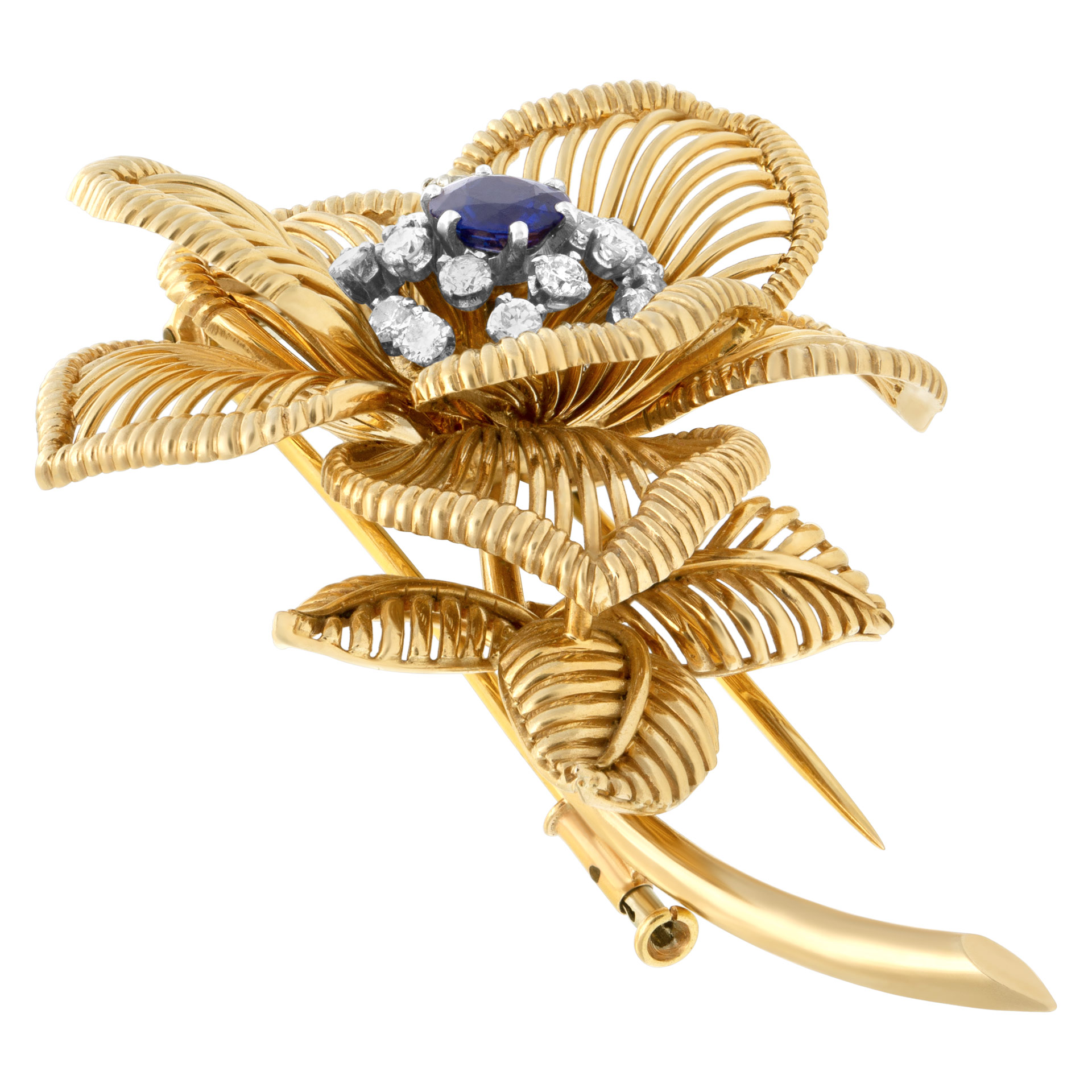 Sapphire & diamonds flower brooch in 18k yellow gold. Round brilliant cut diamonds total approx. weight: 1.00 carat image 3