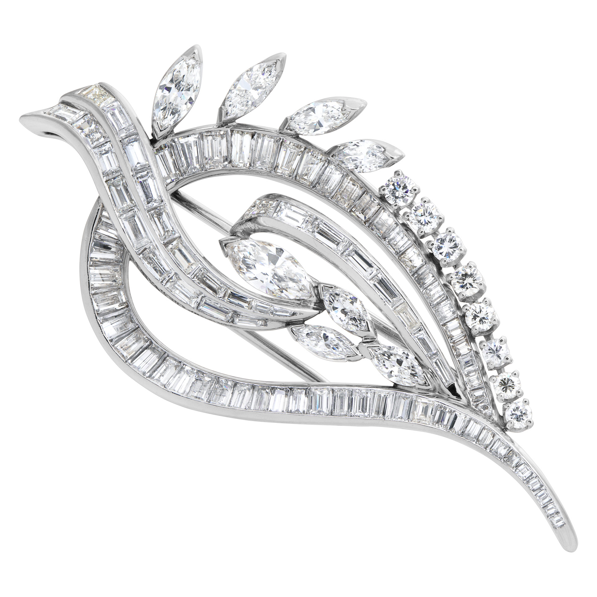 Baguette, Marquise and round brilliant cut diamonds leaf pin/brooch in platinum. Total diamonds approx. weight: over 6.00 carats, image 1