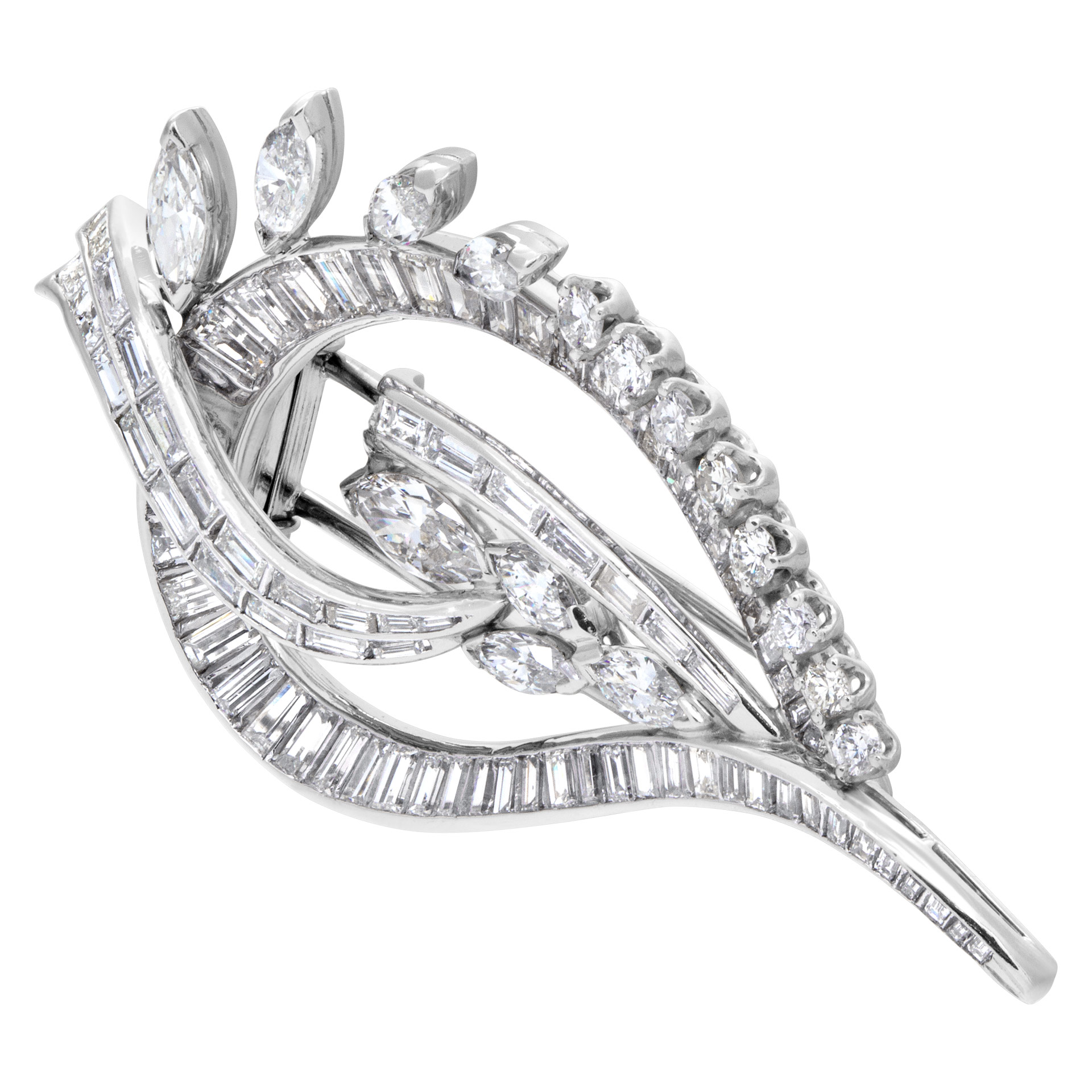 Baguette, Marquise and round brilliant cut diamonds leaf pin/brooch in platinum. Total diamonds approx. weight: over 6.00 carats, image 2