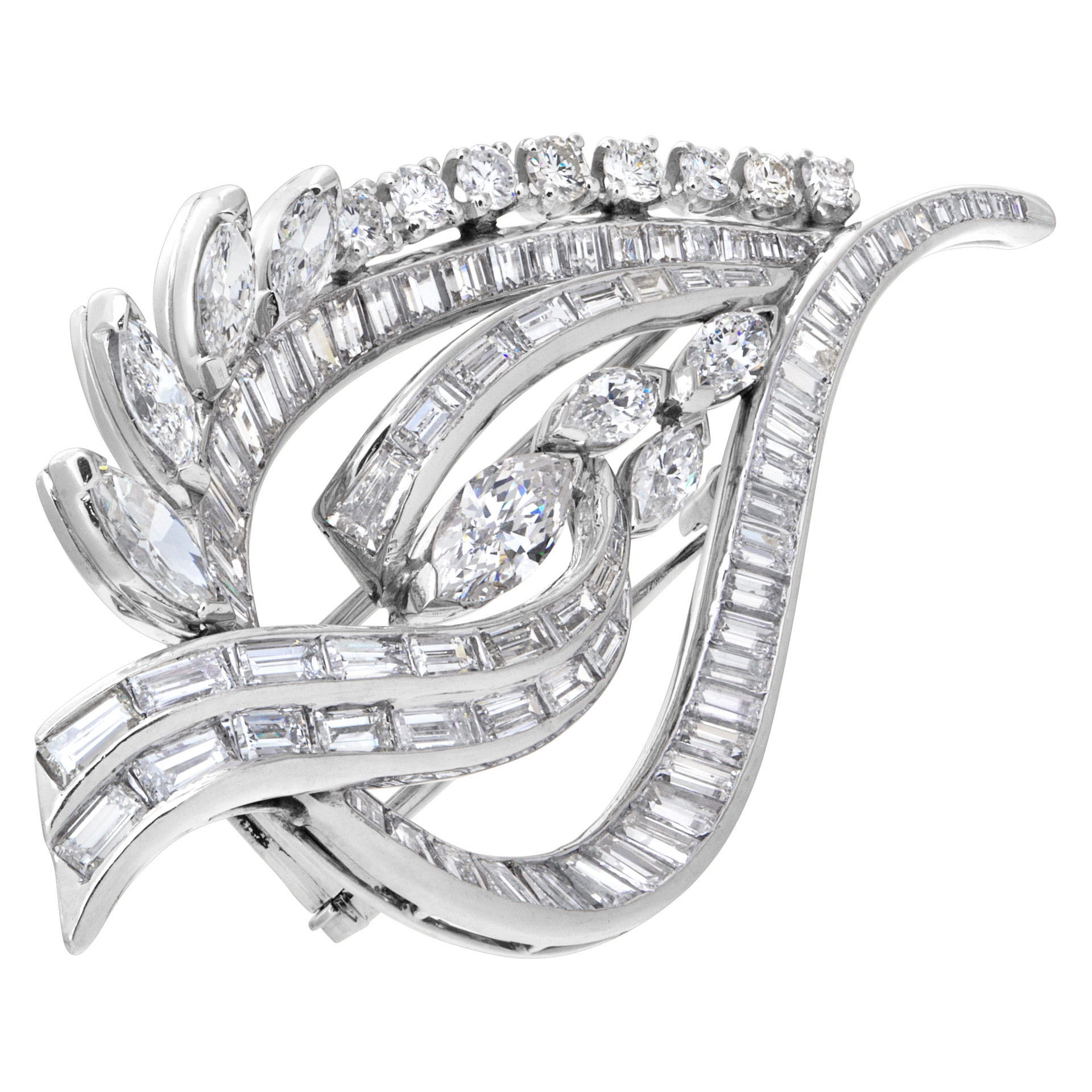 Baguette, Marquise and round brilliant cut diamonds leaf pin/brooch in platinum. Total diamonds approx. weight: over 6.00 carats, image 3