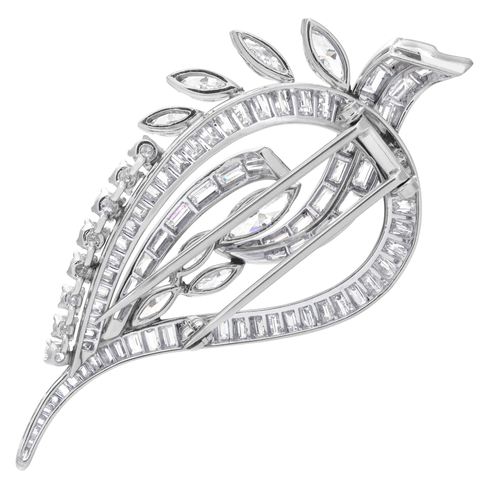 Baguette, Marquise and round brilliant cut diamonds leaf pin/brooch in platinum. Total diamonds approx. weight: over 6.00 carats, image 4