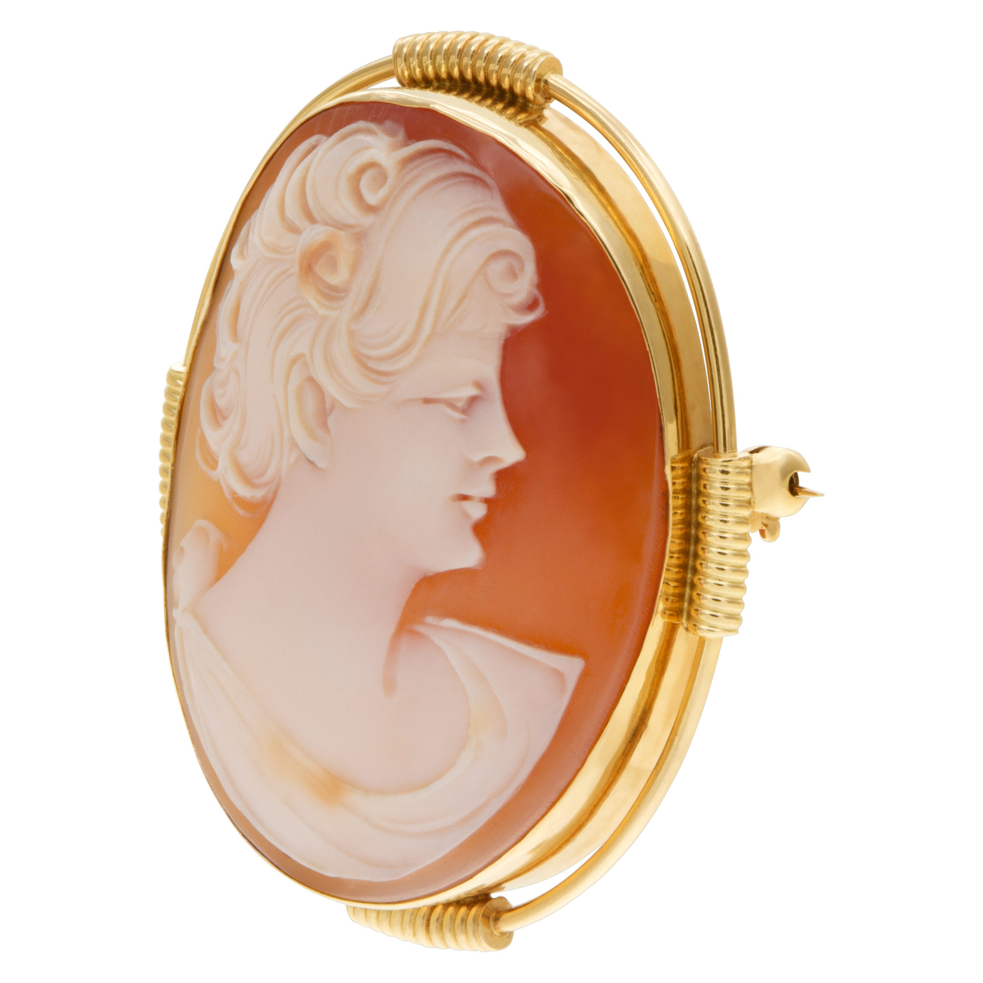 Shell Cameo pin/pendant portrait of a short hair lady set in 14k yellow gold. image 2