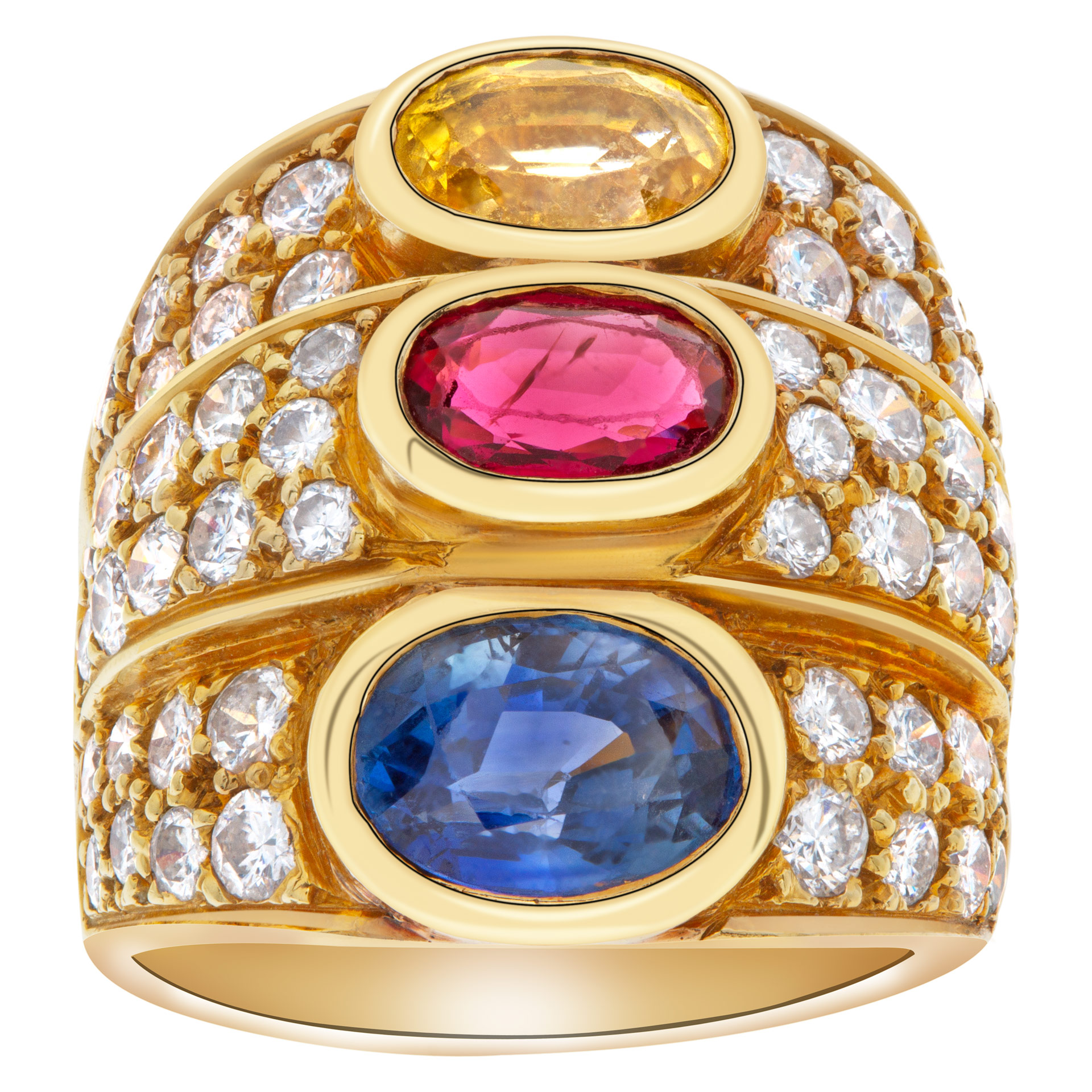 Blue sapphire, ruby and citrine ring with over 2 carats round brilliant cut diamonds, estimate: G-H image 1