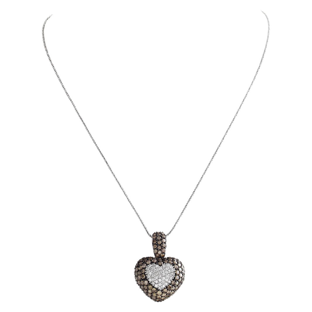 Diamond puff heart necklace 18k white gold with white and champagne colored diamonds image 2