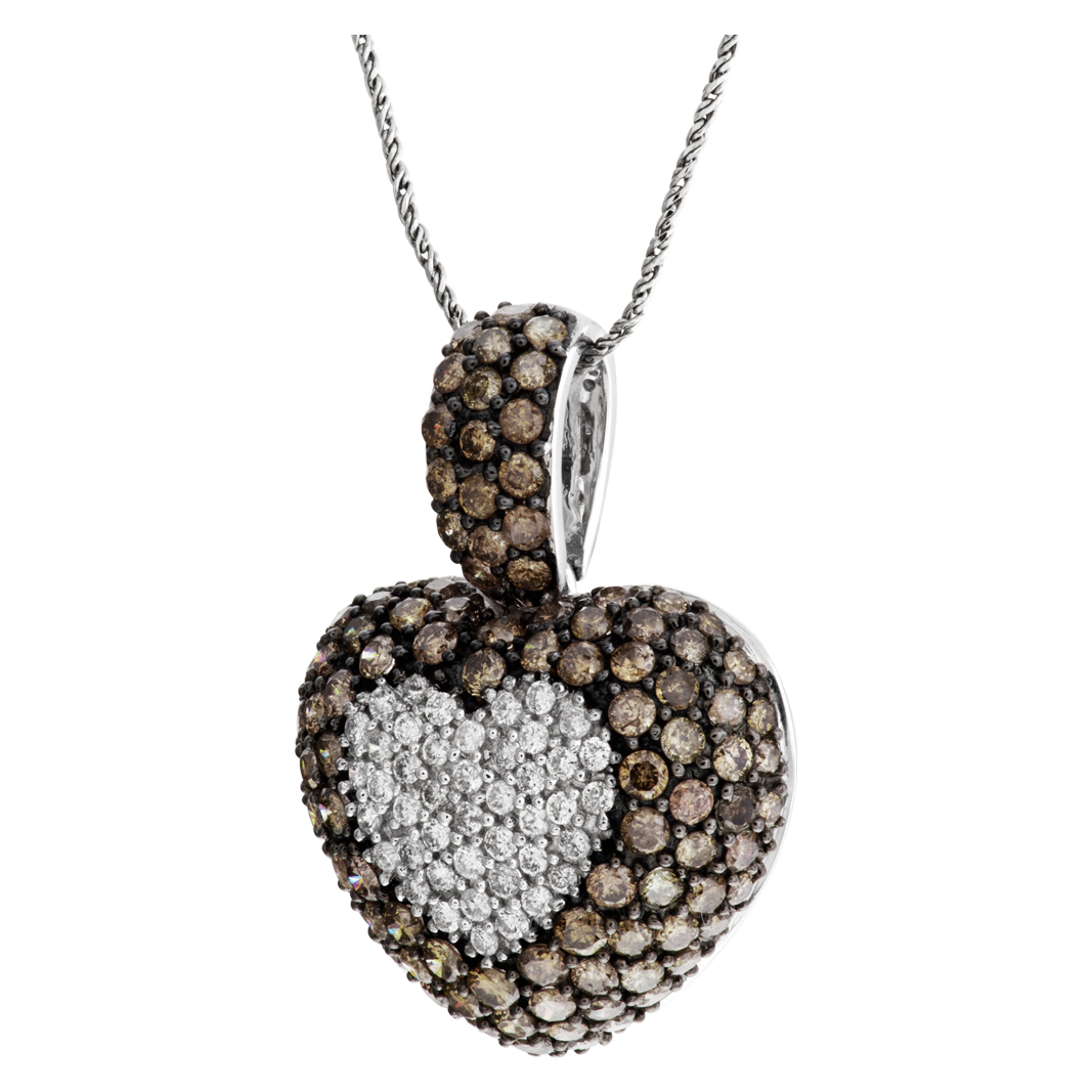 Diamond puff heart necklace 18k white gold with white and champagne colored diamonds image 3