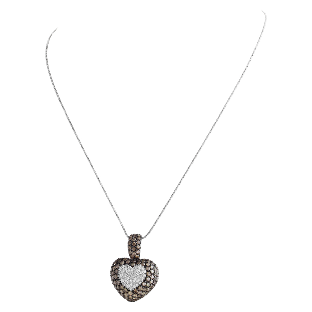 Diamond puff heart necklace 18k white gold with white and champagne colored diamonds image 4