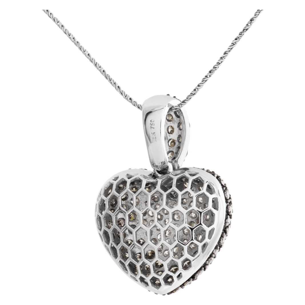 Diamond puff heart necklace 18k white gold with white and champagne colored diamonds image 5
