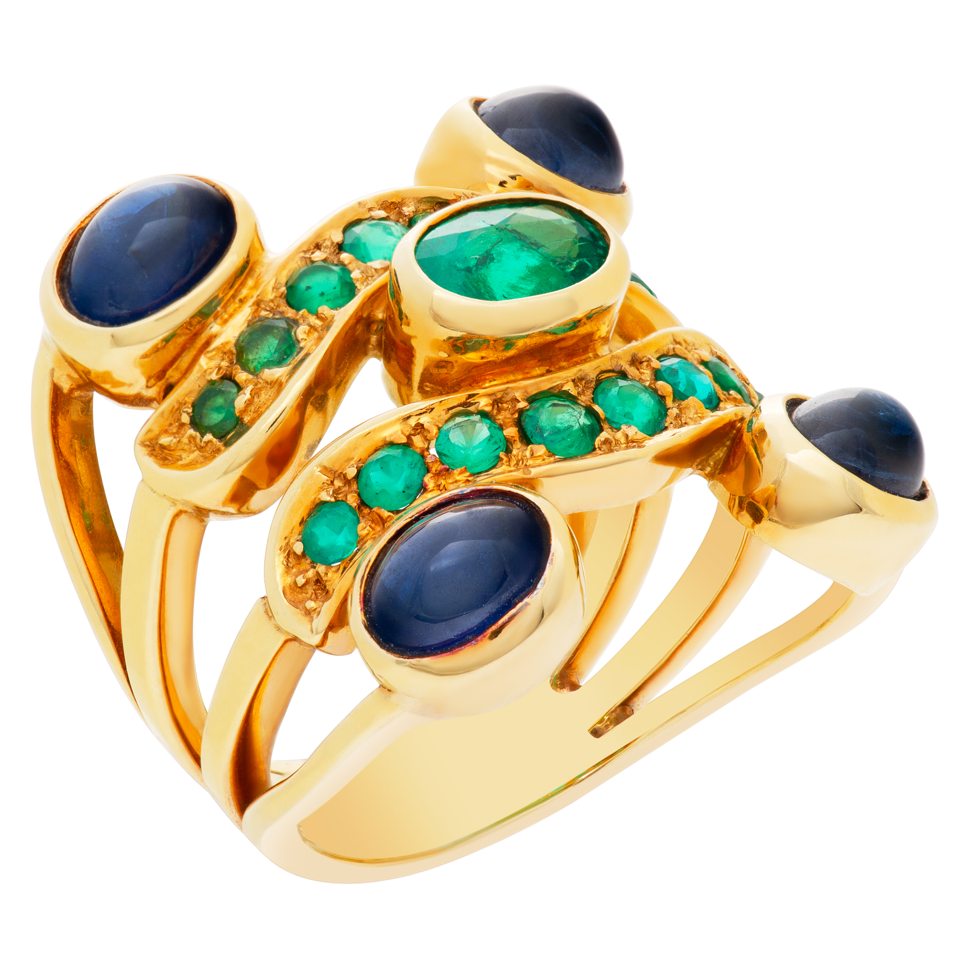 Brilliant oval and round cut Emeralds, cabochon sapphires ring set in 18k yellow gold. image 3
