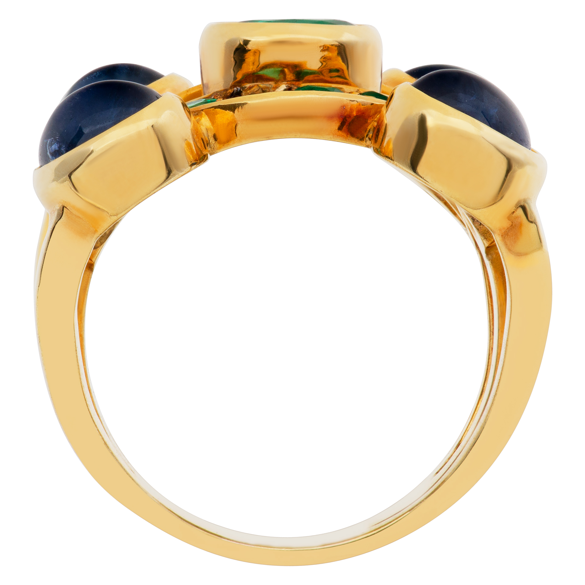 Brilliant oval and round cut Emeralds, cabochon sapphires ring set in 18k yellow gold. image 4