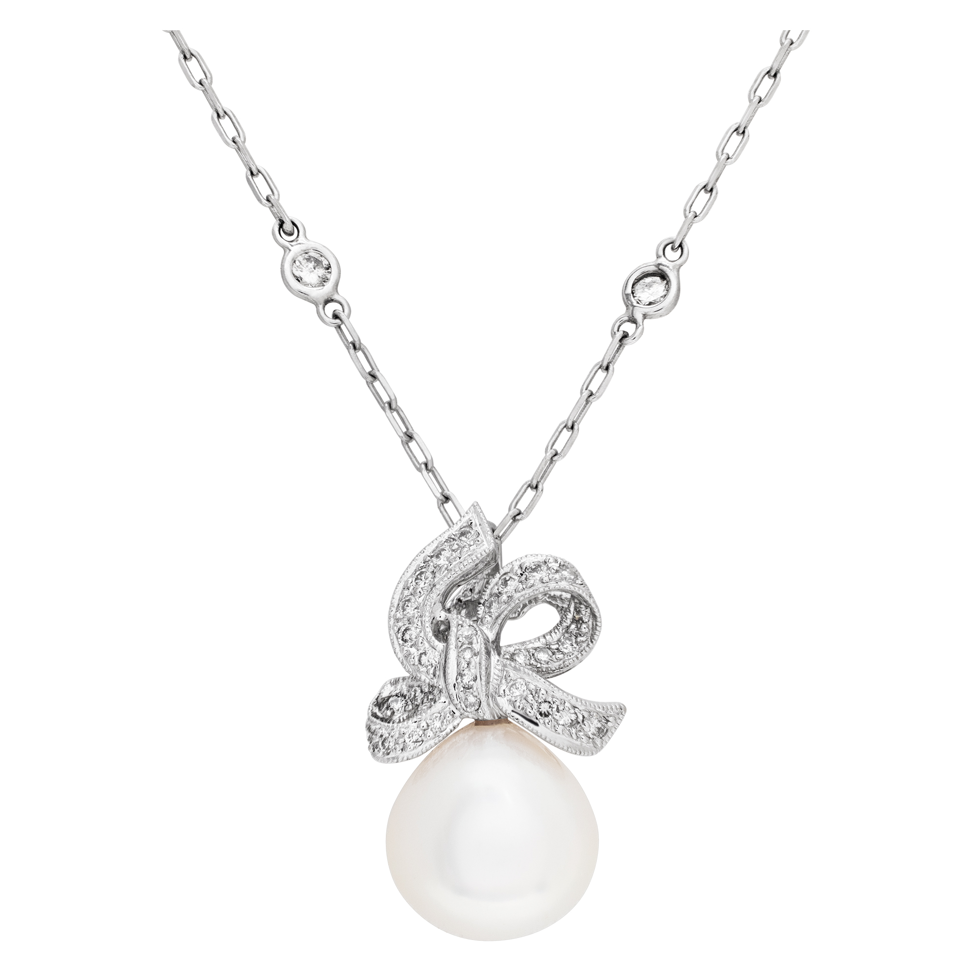 Fresh water pearl (12 x 12.5mm) and diamond pendant in 18k white gold with 14k white gold diamonds by the yard chain image 1