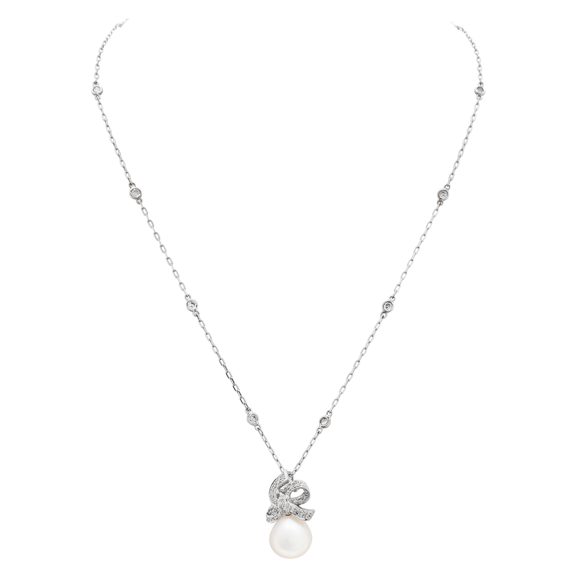 Fresh water pearl (12 x 12.5mm) and diamond pendant in 18k white gold with 14k white gold diamonds by the yard chain image 2