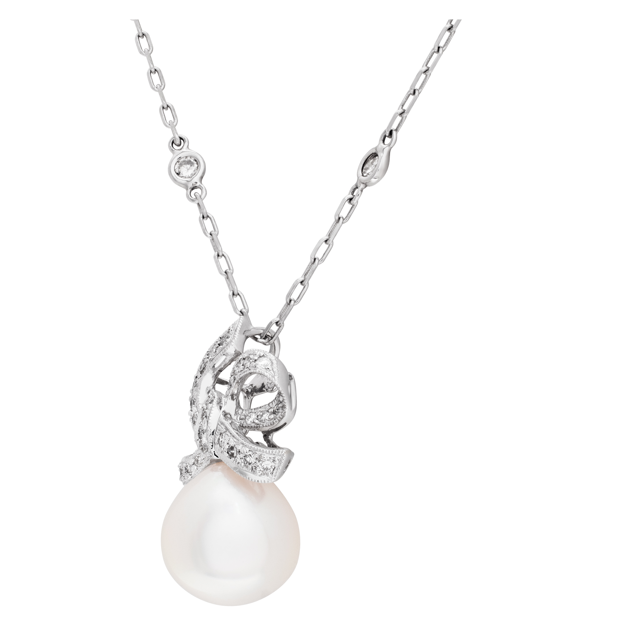 Fresh water pearl (12 x 12.5mm) and diamond pendant in 18k white gold with 14k white gold diamonds by the yard chain image 3