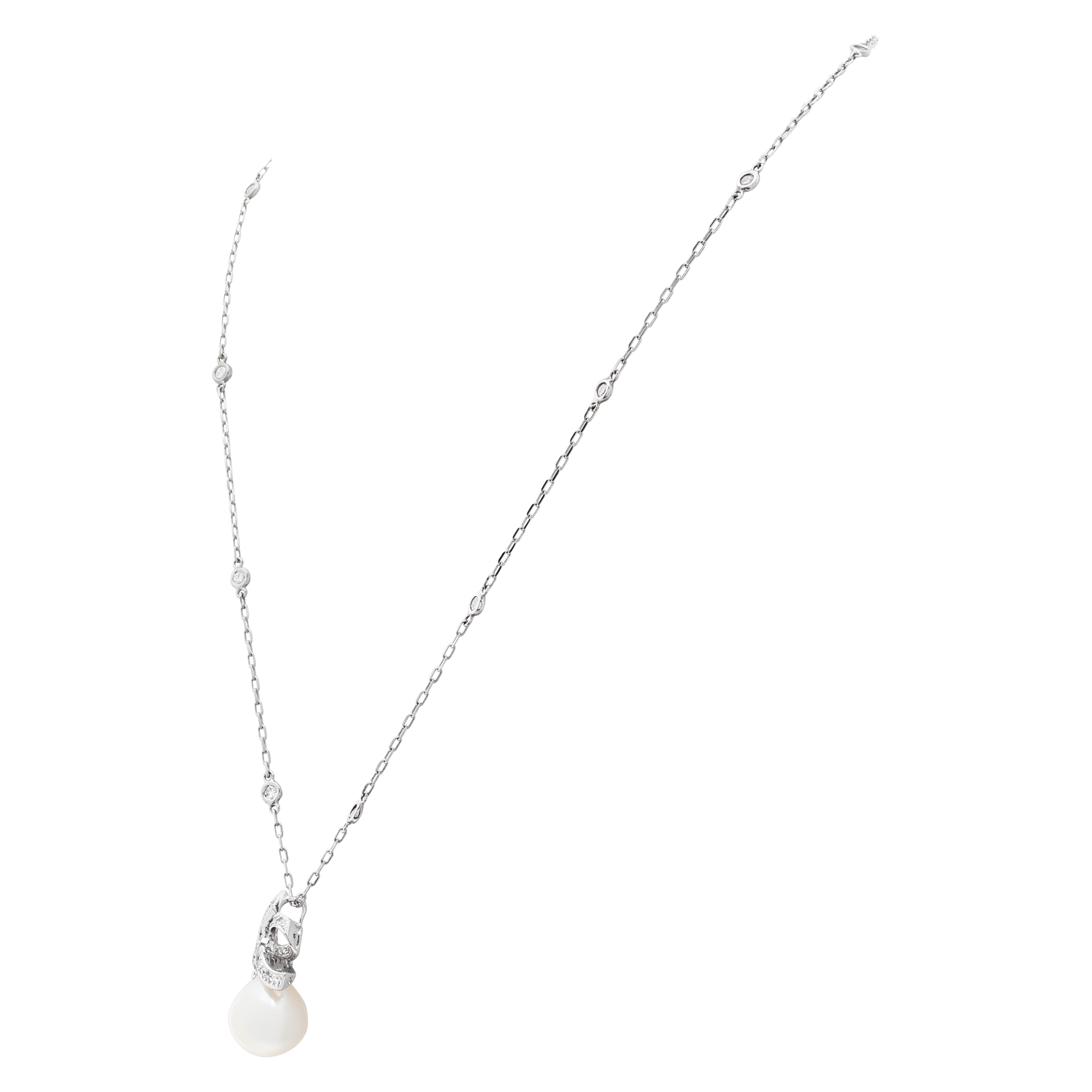 Fresh water pearl (12 x 12.5mm) and diamond pendant in 18k white gold with 14k white gold diamonds by the yard chain image 4