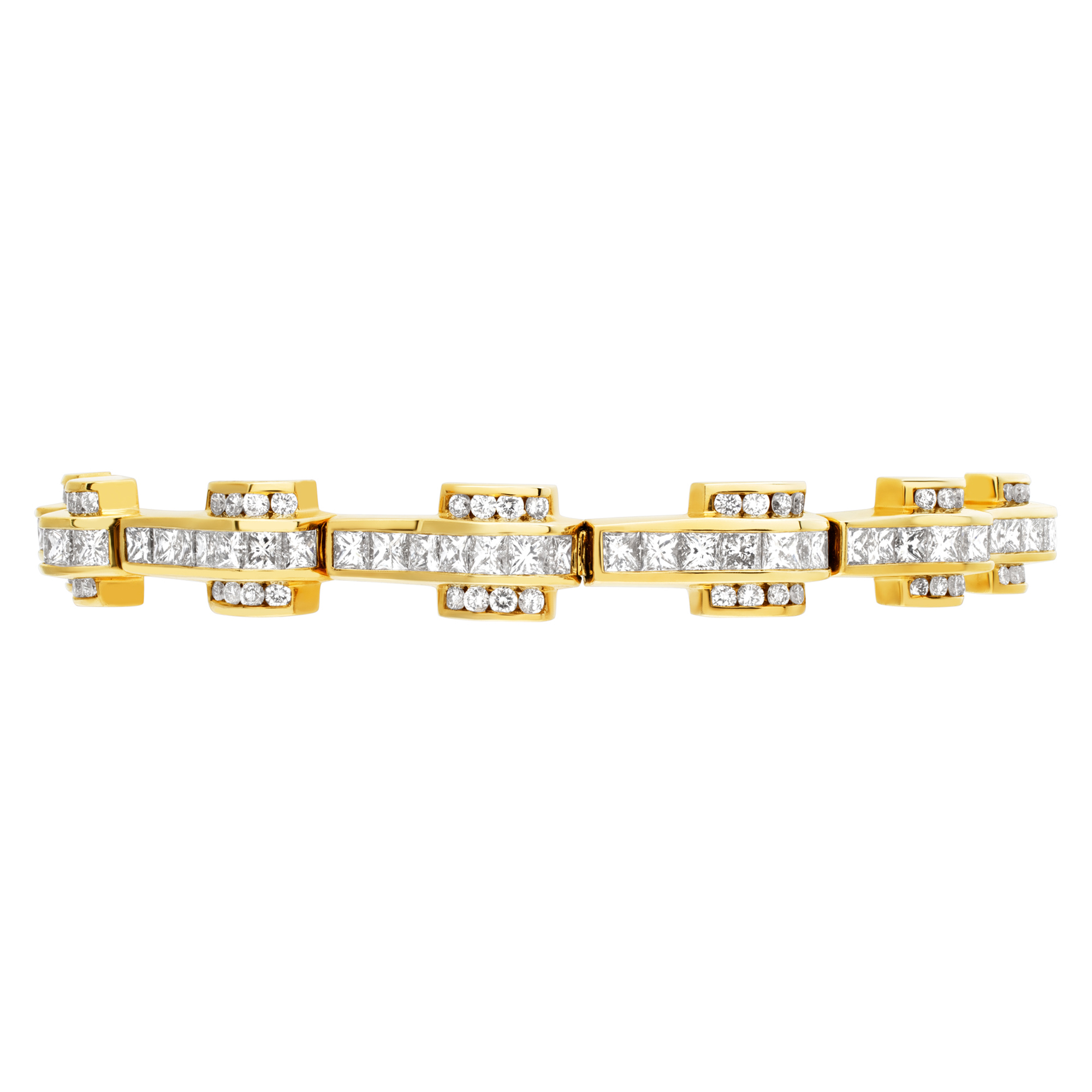 Stylish link & diamonds 14K yellow gold bracelet with over 8.25 carats princess and full cut round brilliant diamonds (Stones) image 2