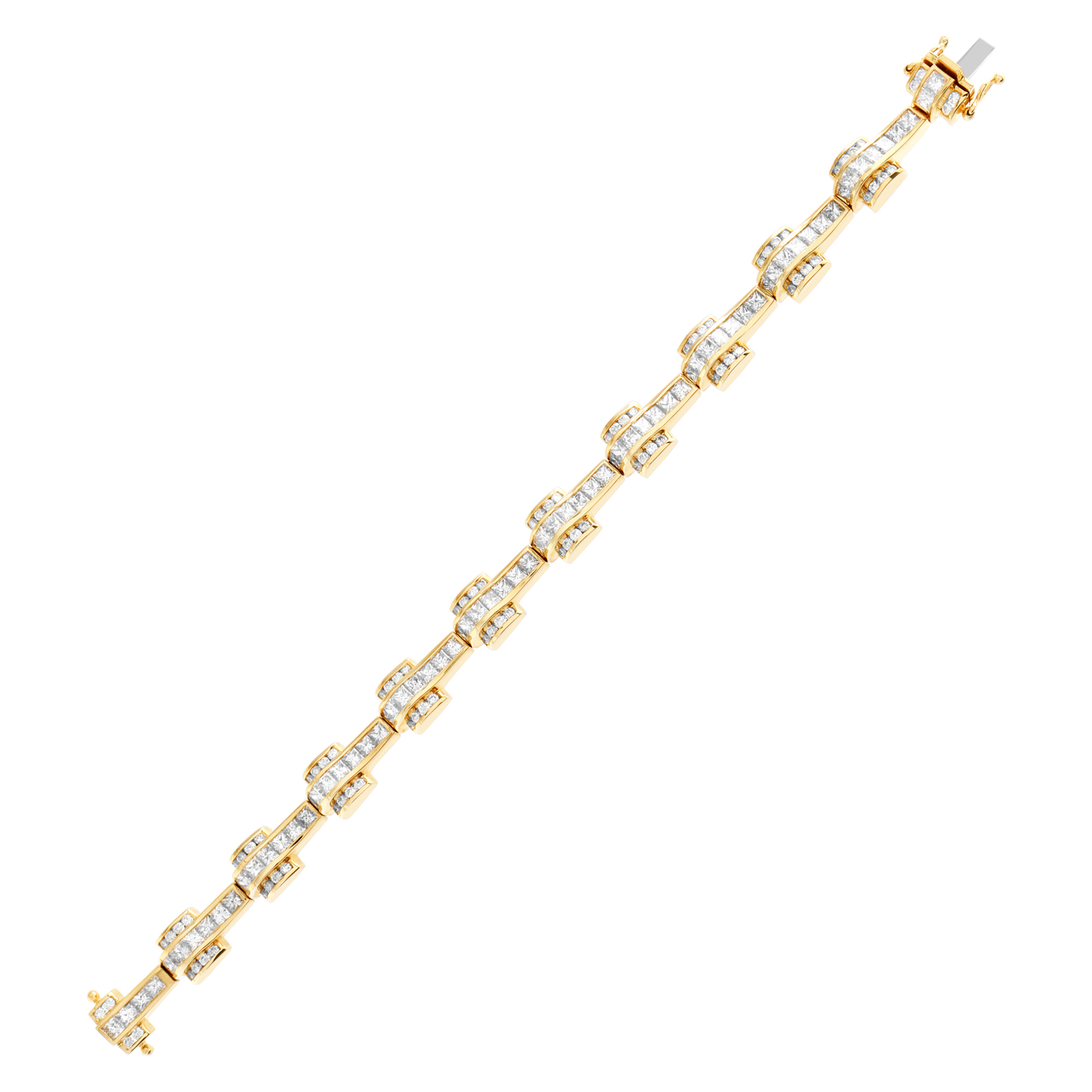 Stylish link & diamonds 14K yellow gold bracelet with over 8.25 carats princess and full cut round brilliant diamonds (Stones) image 5