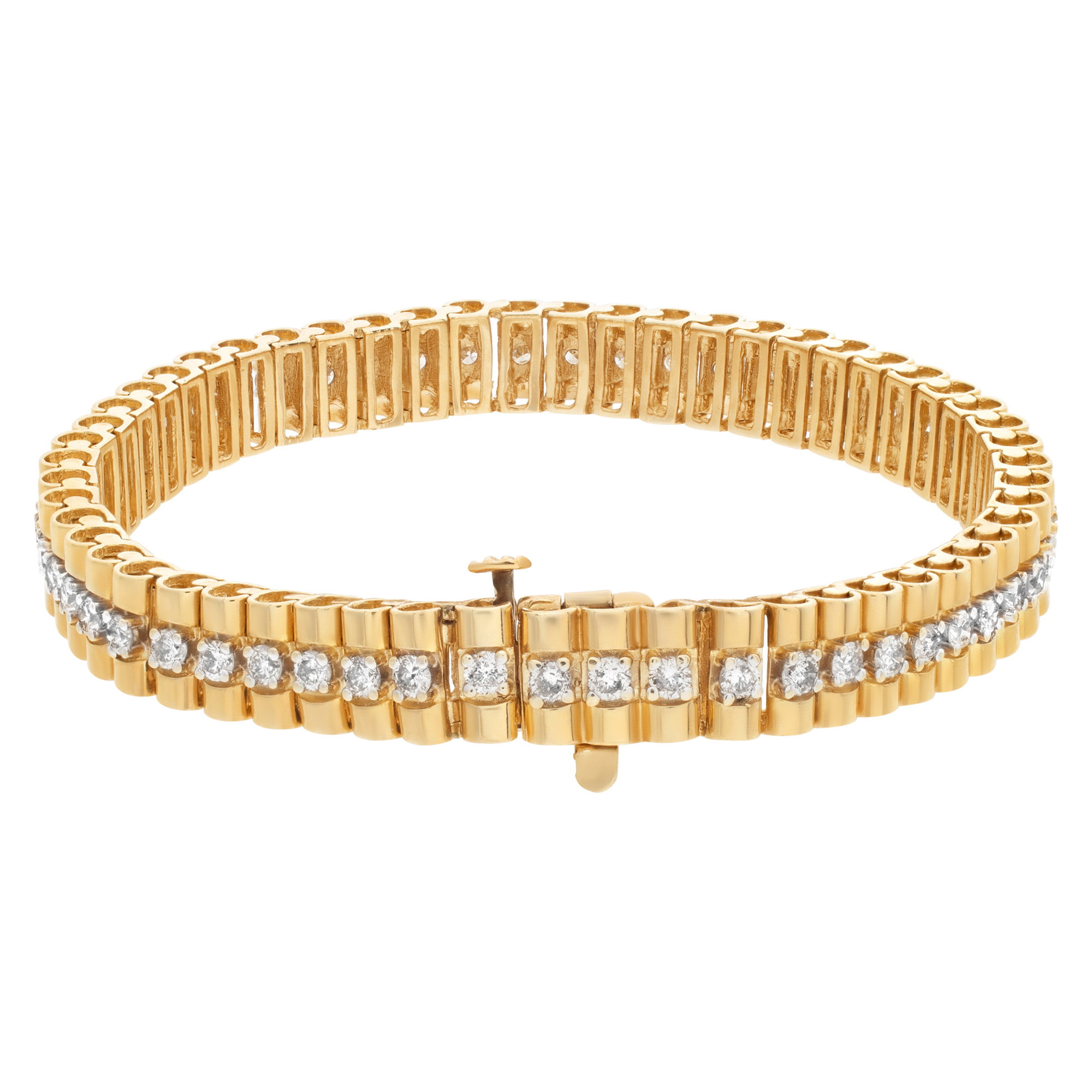 Stylish president style link bracelet with approximately 3 carats full cut round brilliant diamonds set in 14k yellow gold image 3