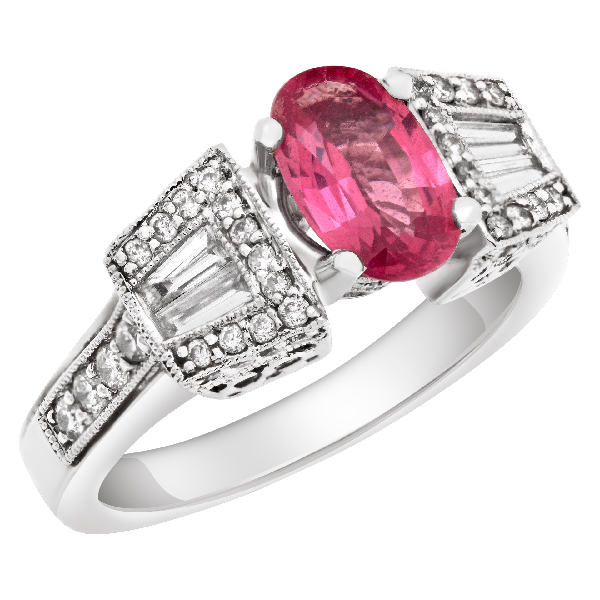 Oval brilliant cut pink spinel (approx. 2 carats) & diamonds ring set in 14K white gold image 3