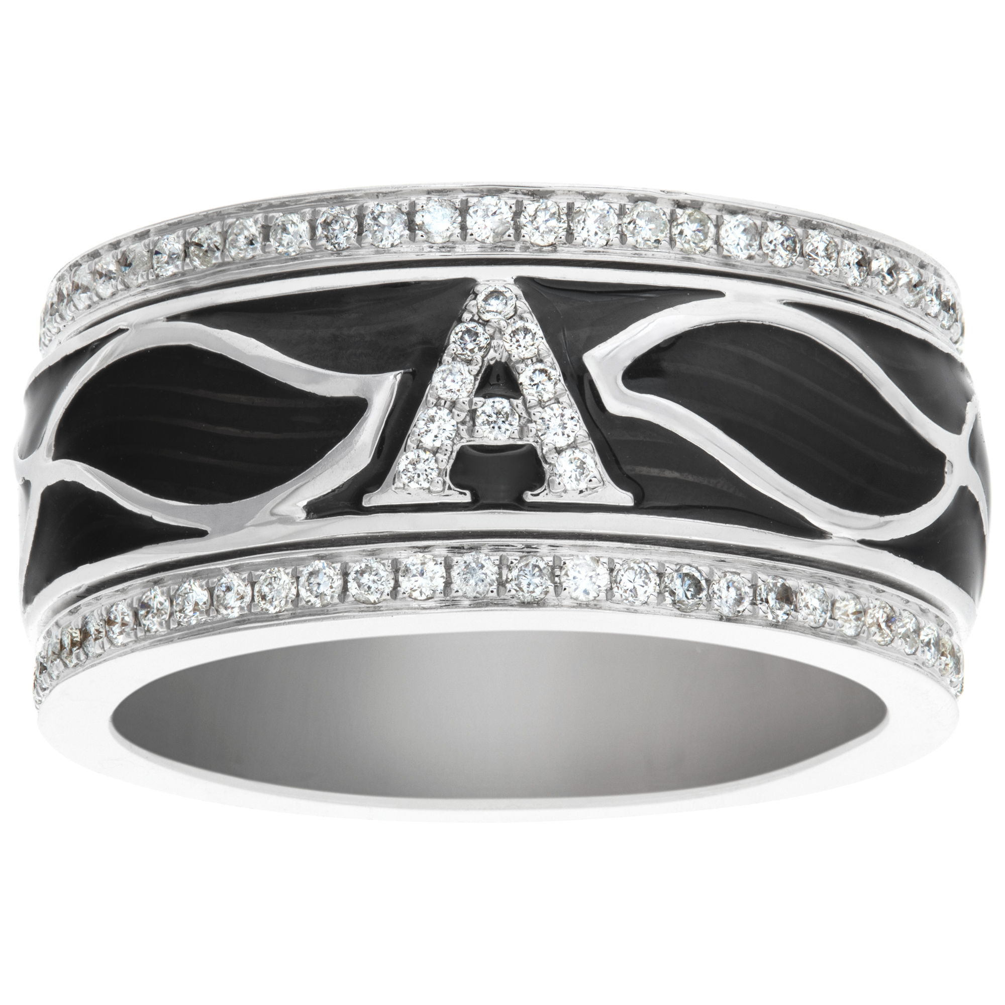 Black enamel and diamond ring with initial "A" set in diamonds - 18k white gold image 1
