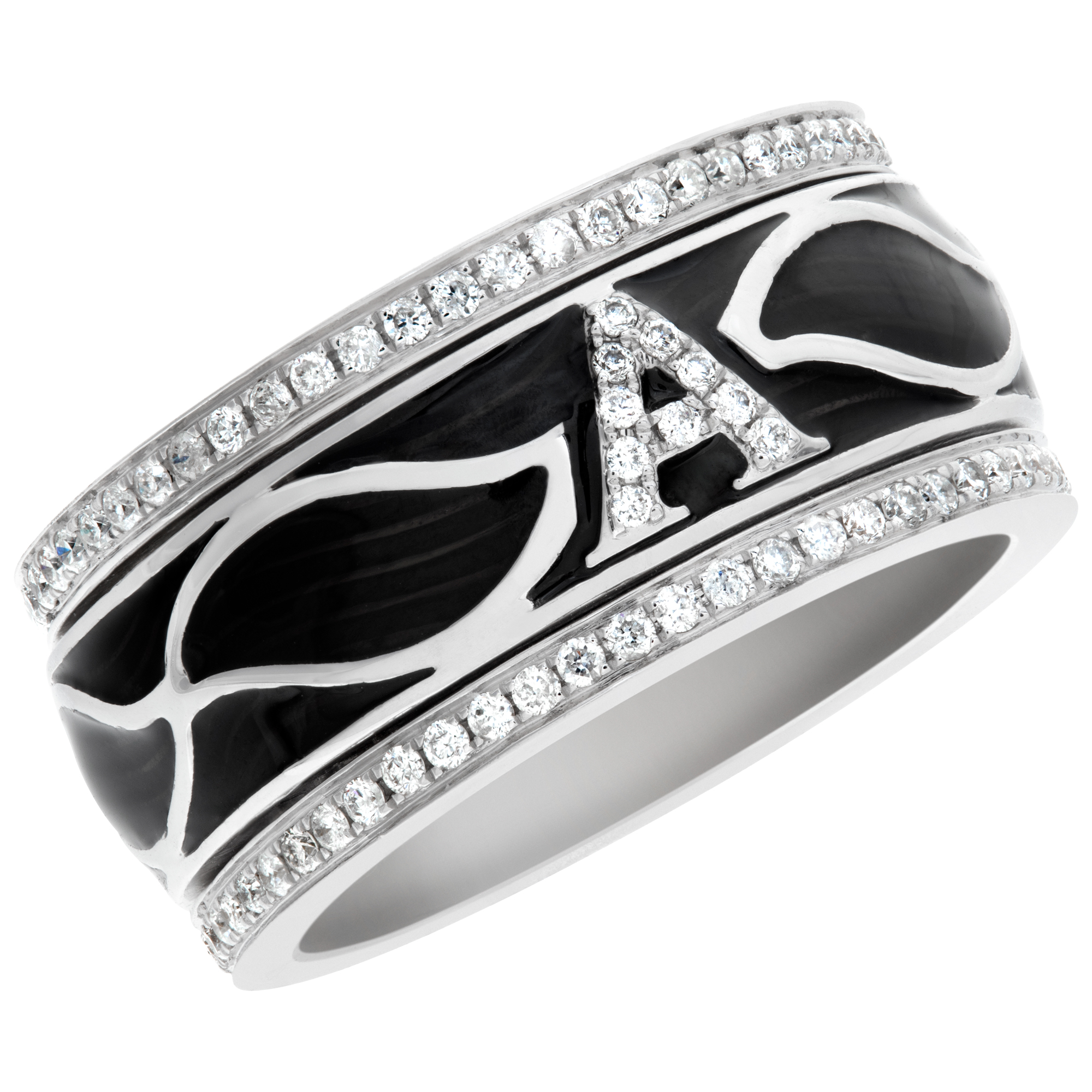 Black enamel and diamond ring with initial "A" set in diamonds - 18k white gold image 2