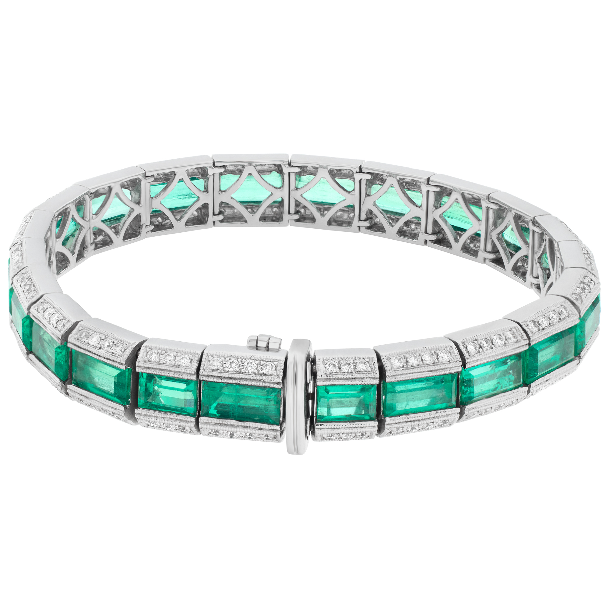 Colombian emerald cut emerald and diamond line bracelet set in 18K white gold. image 2