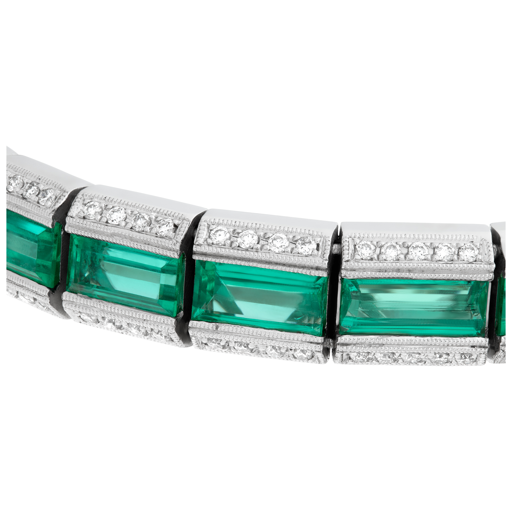 Colombian emerald cut emerald and diamond line bracelet set in 18K white gold. image 3