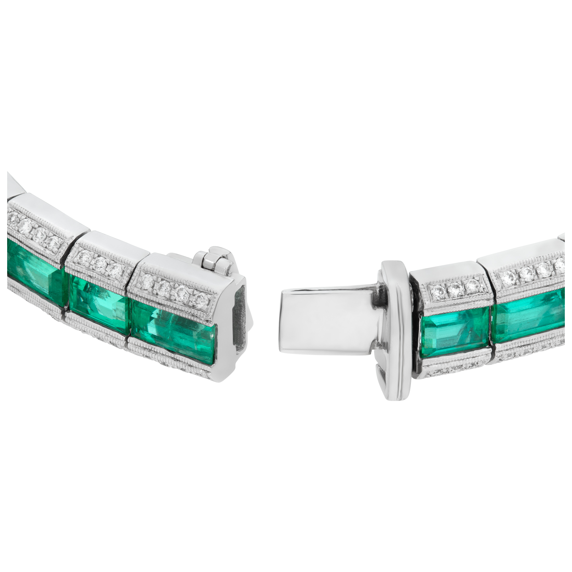 Colombian emerald cut emerald and diamond line bracelet set in 18K white gold. image 4