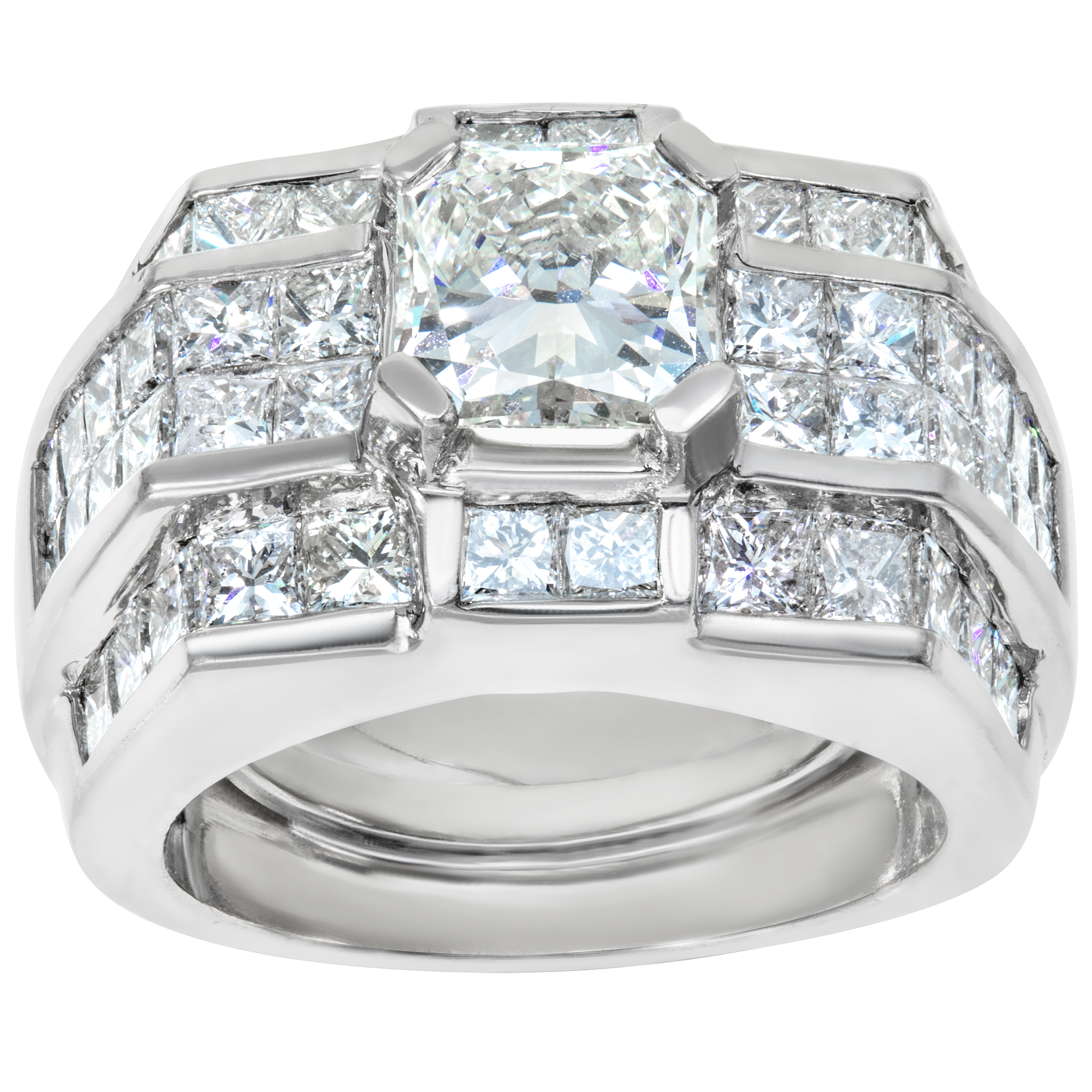Gia Certified 2.22 Carats Round  Brilliant Diamond,  J Color Vs2 Clarity Set In Heavy Platinum Ring With 4 Rows Invisible Set  Princess Cut Diamonds, Total  Approx. Weight: 4.60 Carats image 1