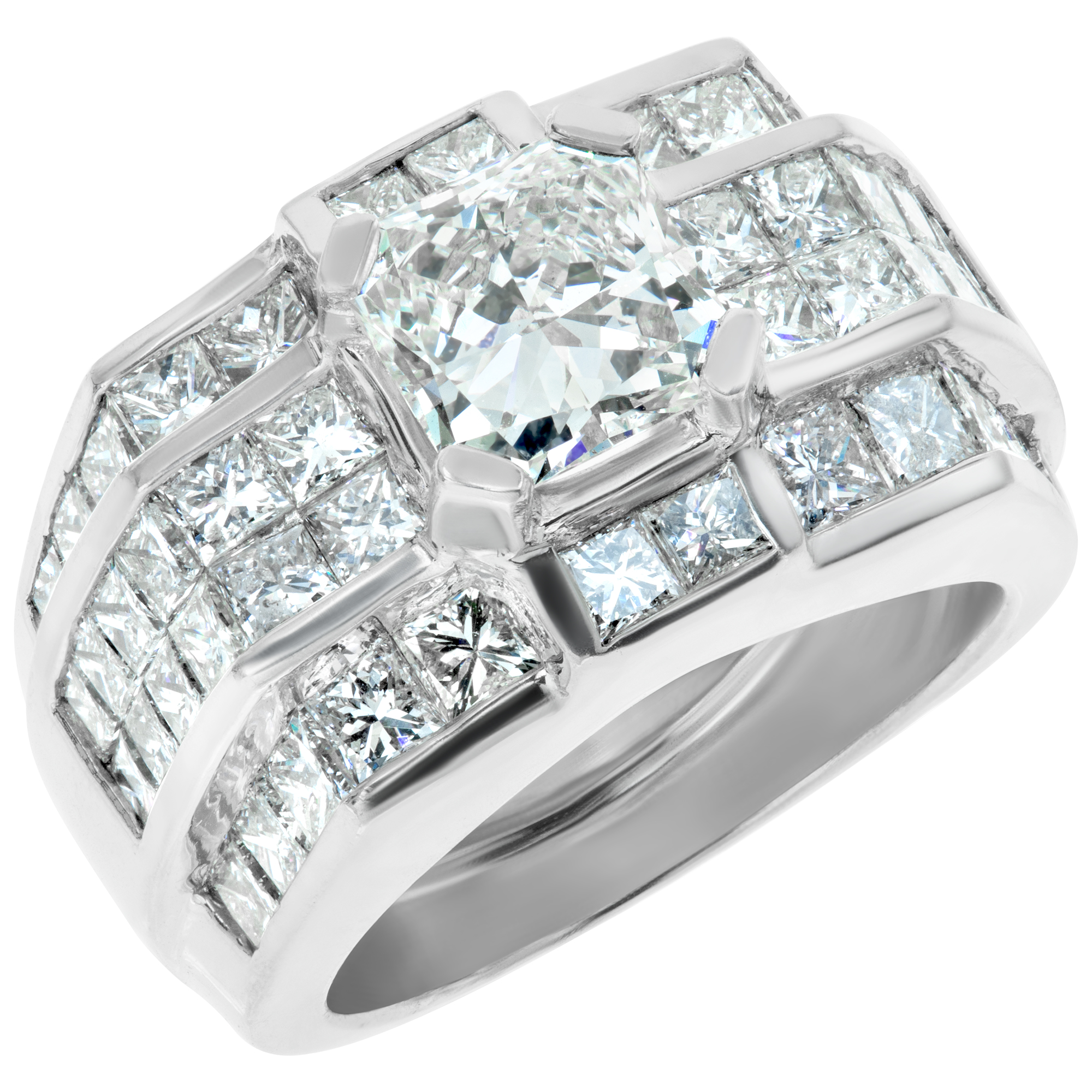 Gia Certified 2.22 Carats Round  Brilliant Diamond,  J Color Vs2 Clarity Set In Heavy Platinum Ring With 4 Rows Invisible Set  Princess Cut Diamonds, Total  Approx. Weight: 4.60 Carats image 3