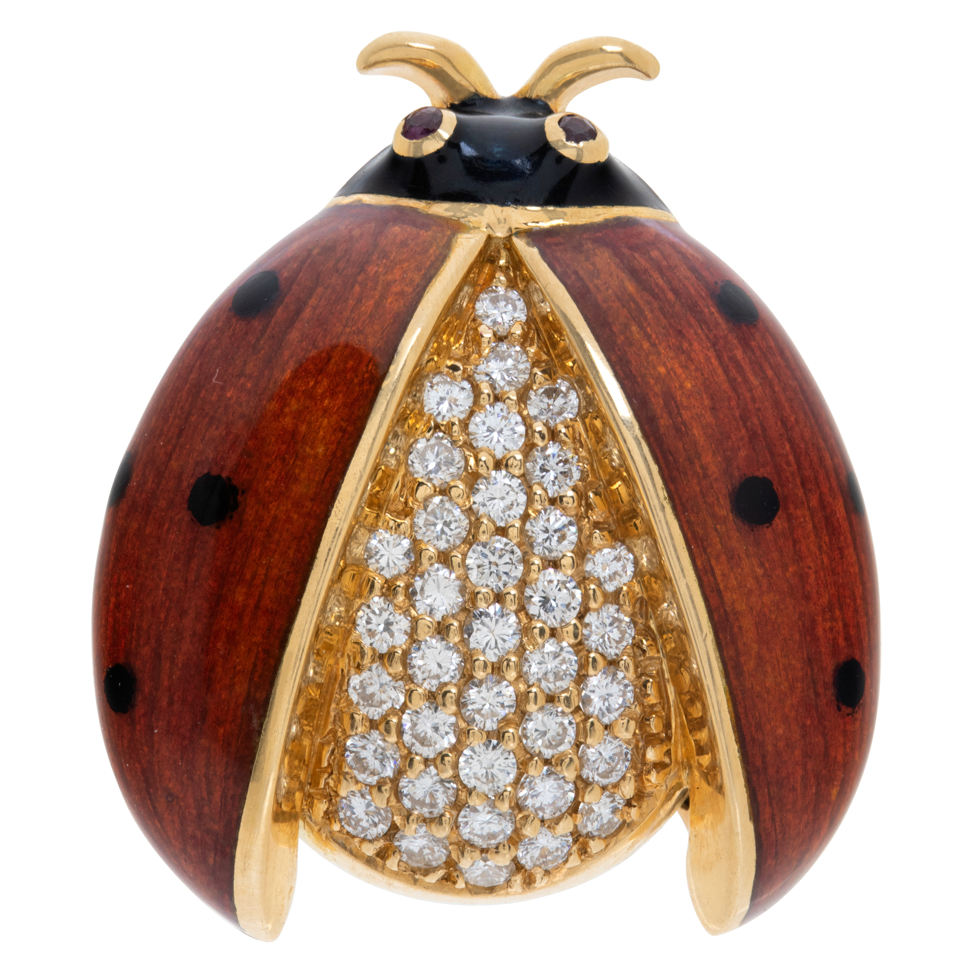 Lucky lady bug diamonds brooch in 18k gold, with ruby eyes, red/ black enamel head & wings, pave diamonds body total approx. weight: 0.75 carats. image 1