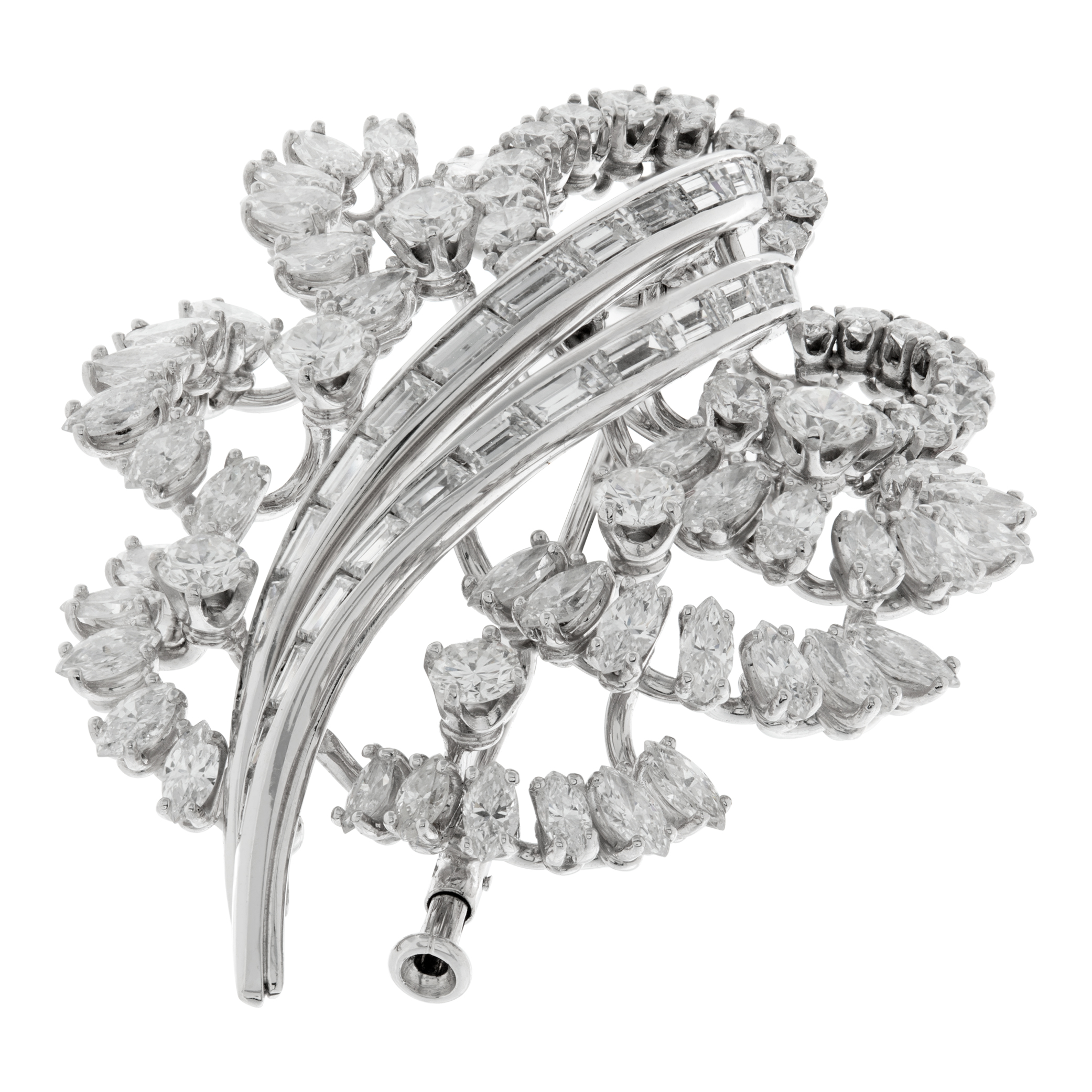 Baguette, Marquise & Round Brilliant Cut Diamonds Brooch In 18k White Gold. Approx. 3.00 Carats. image 2