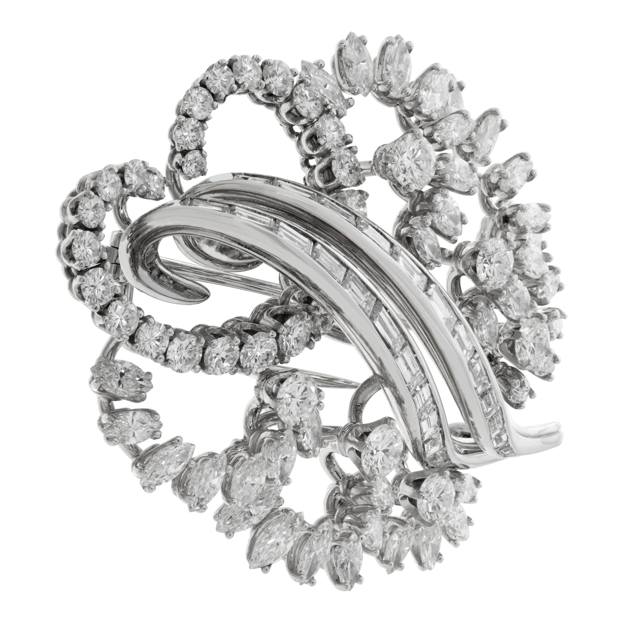 Baguette, Marquise & Round Brilliant Cut Diamonds Brooch In 18k White Gold. Approx. 3.00 Carats. image 3